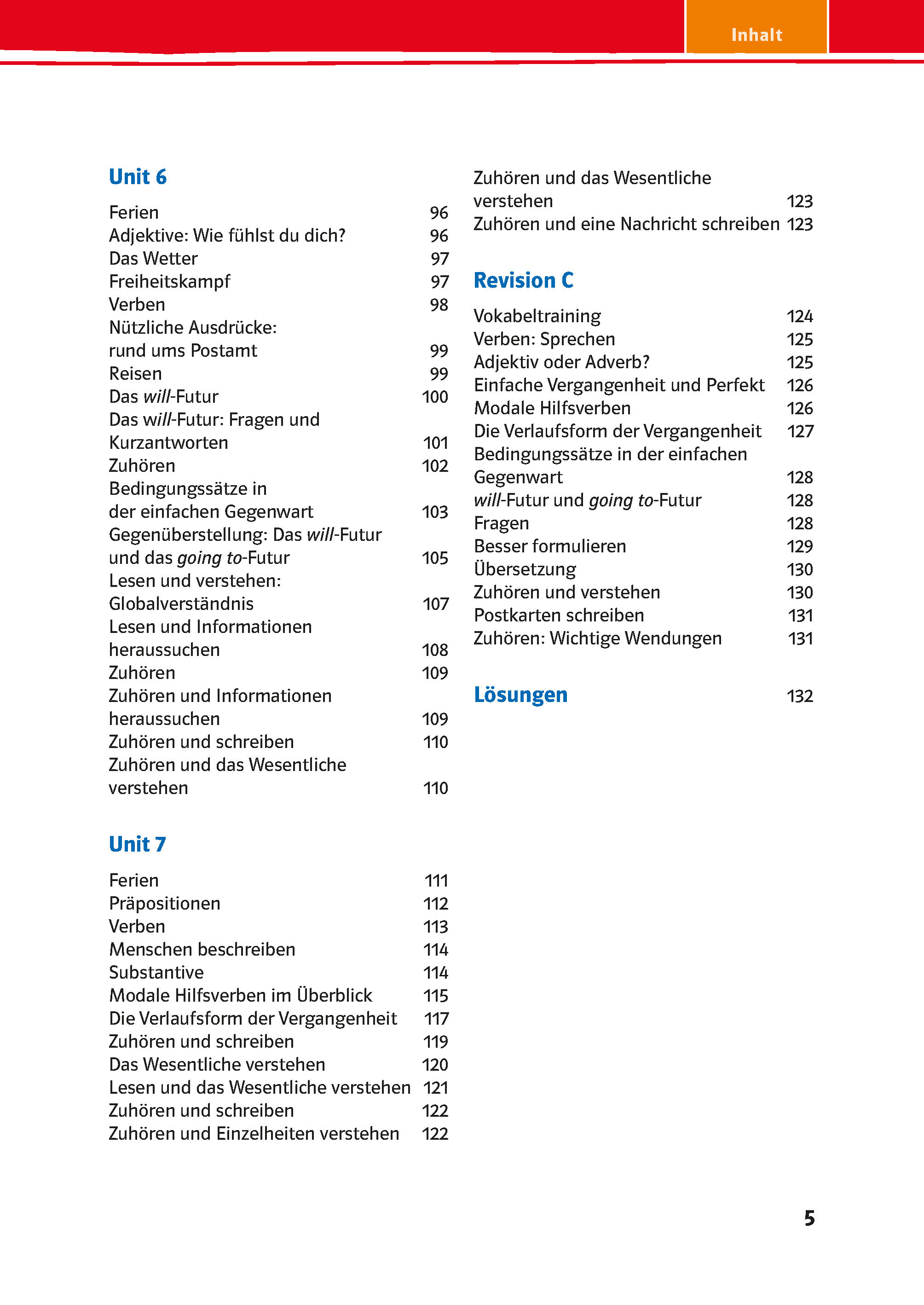 Inhaltsverzeichnis mit Themen und Seitenzahlen für die Lerneinheiten der deutschen Sprache, einschließlich Grammatik-, Wortschatz- und Wiederholungsabschnitte.