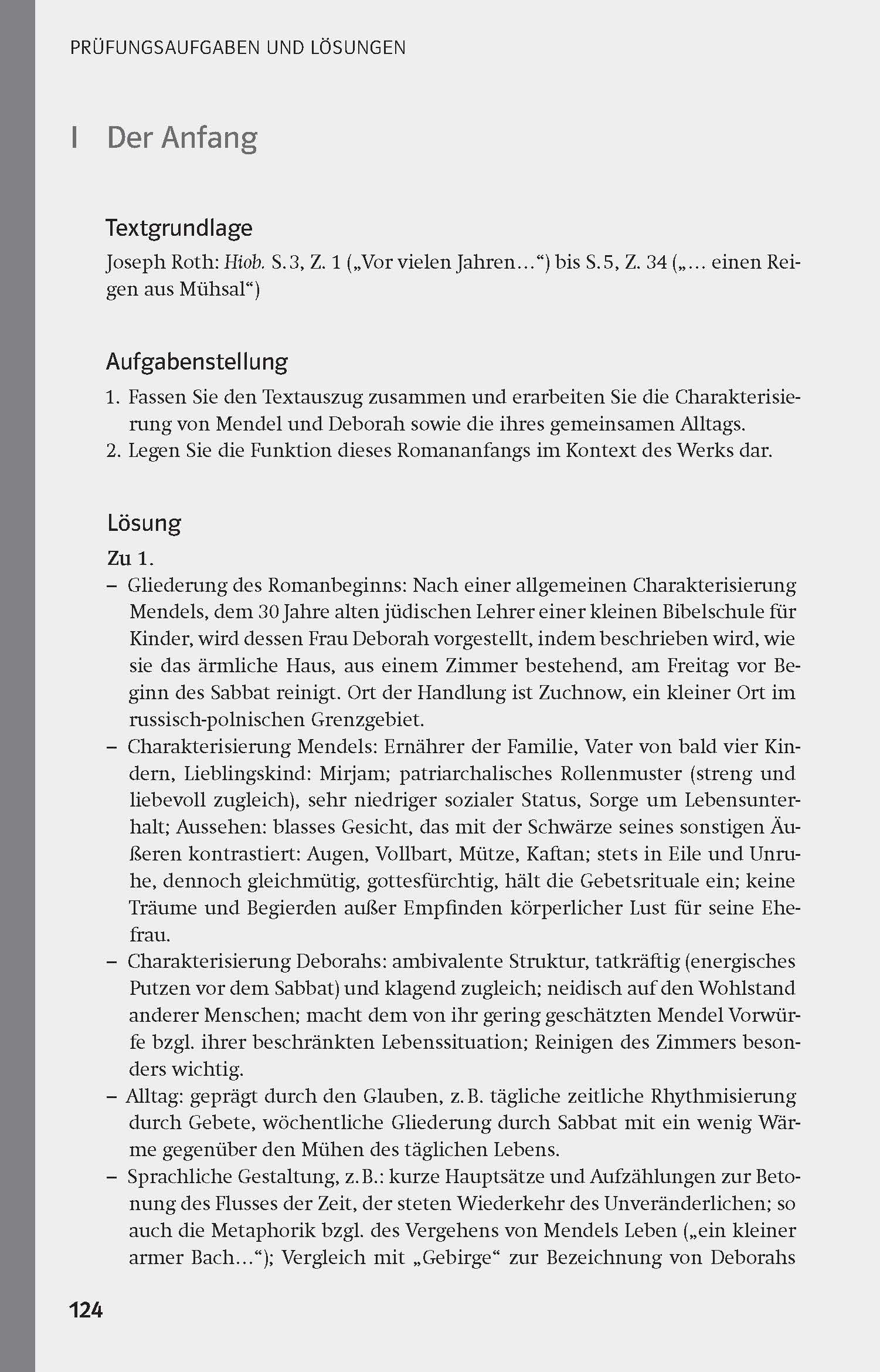 Eine Seite aus einem deutschen Schulbuch zeigt eine Aufgabe mit Aufgaben und Lösungen zur Analyse der Figuren Mendel und Deborah aus einem literarischen Text, wobei der Schwerpunkt auf ihren Rollen und ihrem Alltagsleben liegt.