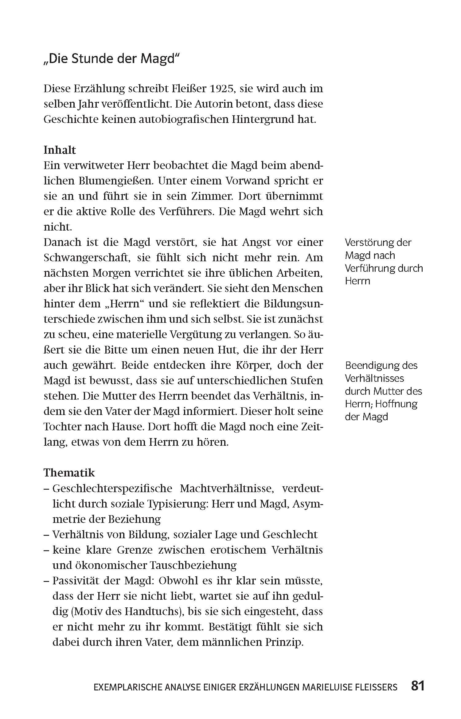 Klett Lektürehilfen Neue Sachlichkeit Eine Seite aus einem deutschen Literaturanalysebuch mit einer Zusammenfassung und Interpretation der Erzählung Die Stunde der Magd von Marieluise Fleißer mit Überschriften für Inhalt und Themen.