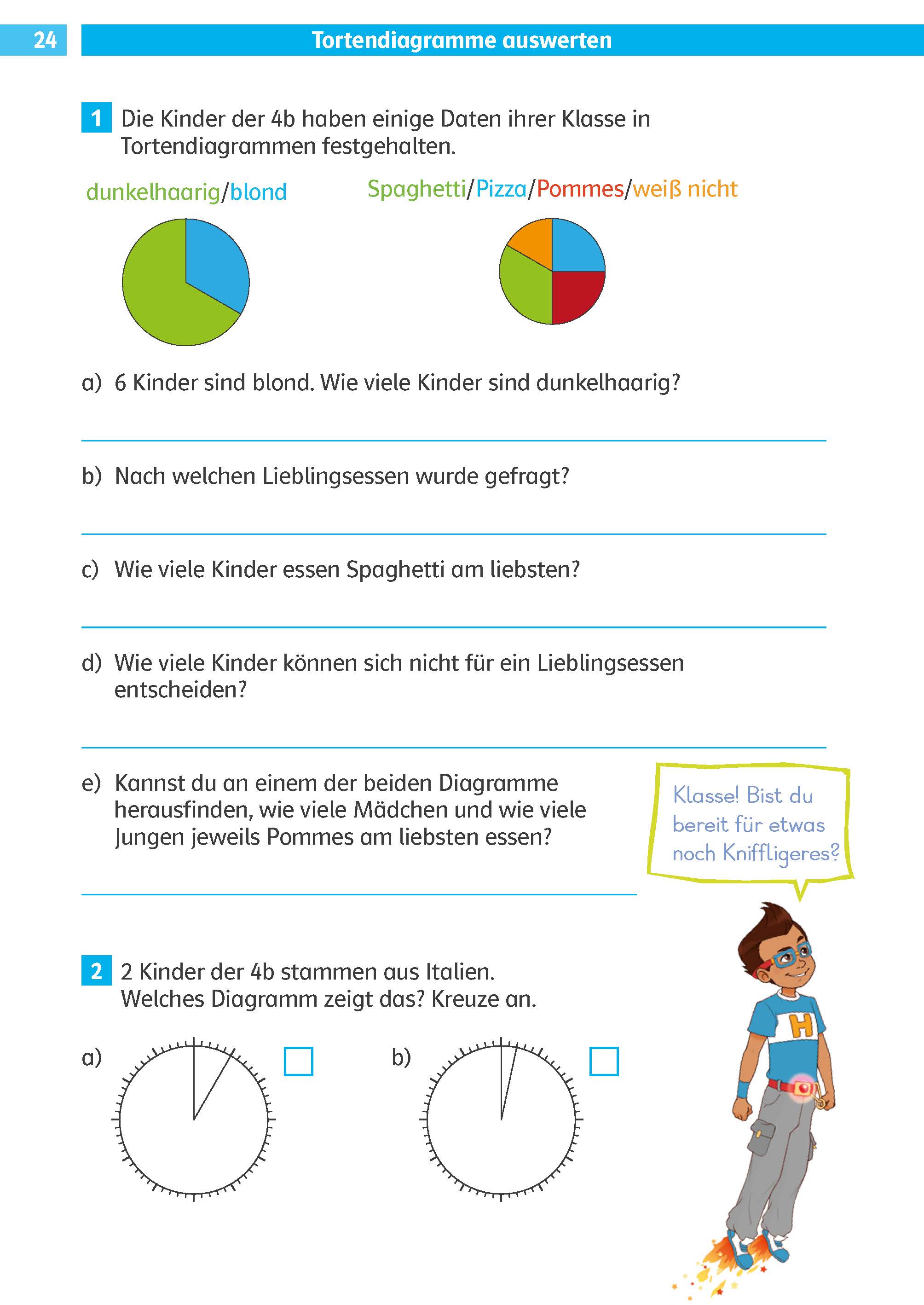 Klett Die Mathe-Helden: Textaufgaben / Sachaufgaben 4. Klasse Ein Arbeitsblatt in deutscher Sprache mit Tortendiagrammen und Fragen zur Haarfarbe und zu den Lieblingsspeisen der Schülerinnen und Schüler sowie einem Cartoon-Jungen mit lockigem Haar und Brille, der unten rechts steht.