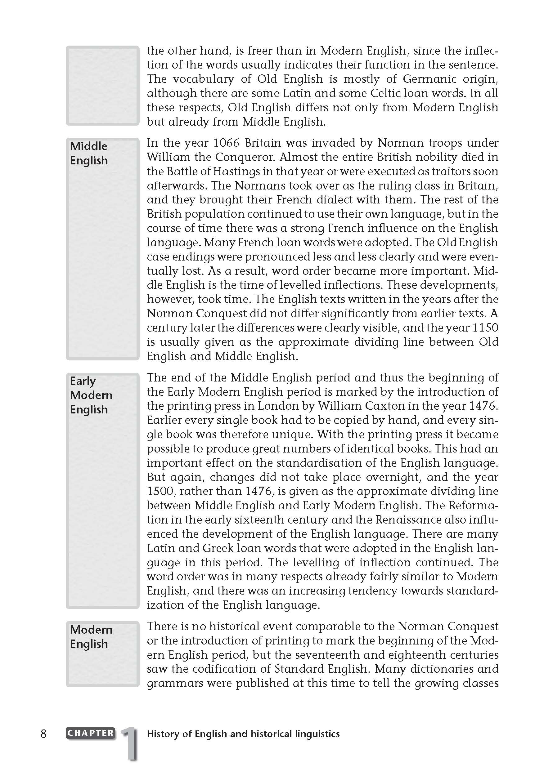 Uni Wissen History of English and English Historical Linguistics Eine Lehrbuchseite mit einer Zeitleiste und Beschreibungen von Alt-, Mittel-, Frühneuzeit- und Neuzeit-Englisch, die sprachgeschichtliche Entwicklungen aufzeigt.