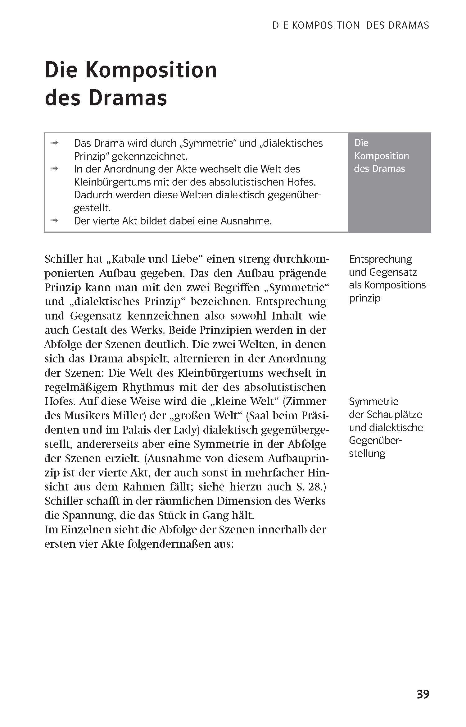 Klett Lektürehilfen Friedrich Schiller, Kabale und Liebe Eine Seite aus einem deutschen Lehrbuch, das die Komposition des Dramas behandelt, mit Überschriften, Textblöcken und einem grauen Seitenkasten mit der Aufschrift Die Komposition des Dramas.