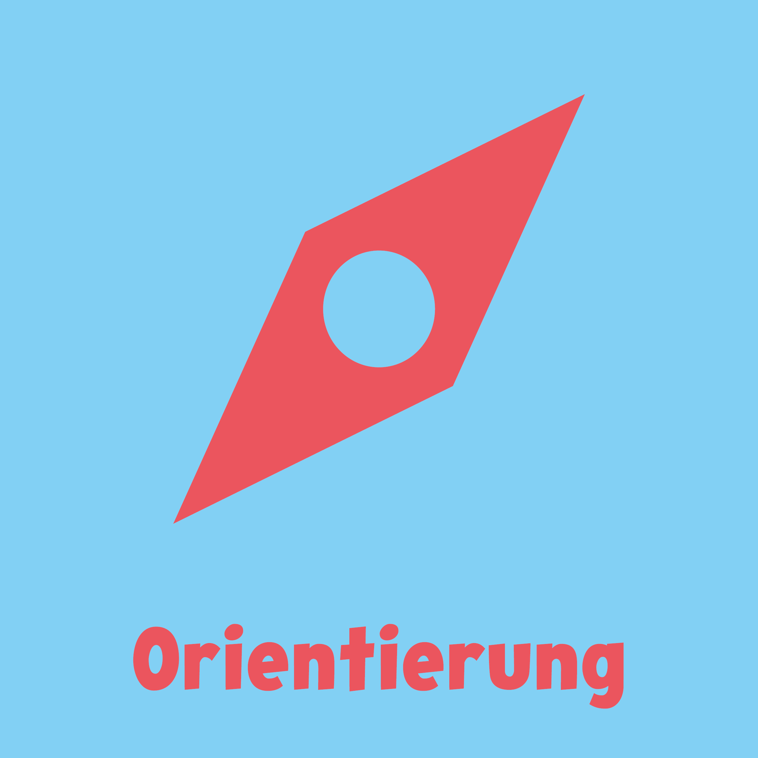 Ein rotes Kompass-Symbol mit einem zentralen Loch ist über dem Wort Orientierung auf hellblauem Hintergrund abgebildet.