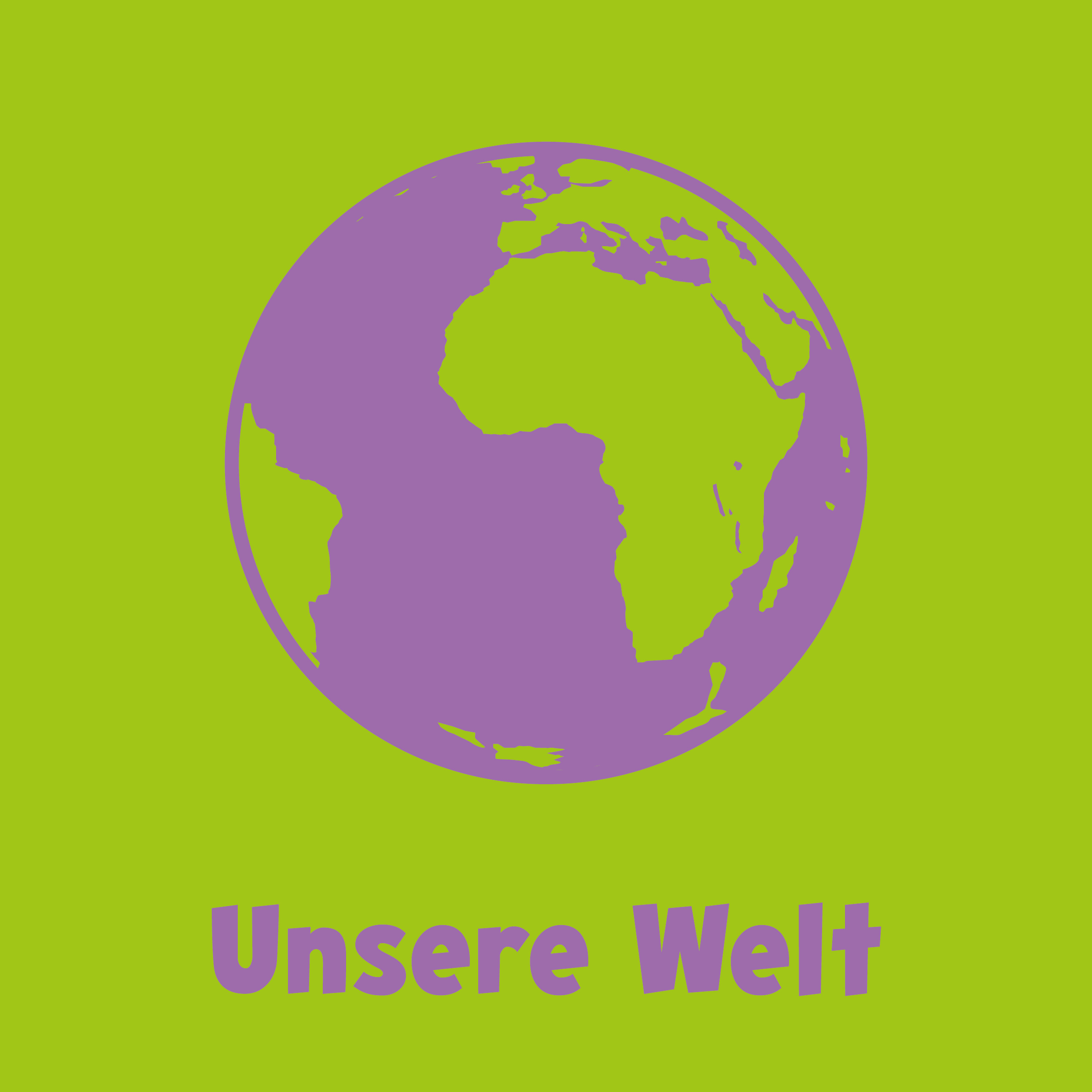 Eine stilisierte lila-grüne Illustration der Erde mit Afrika und Europa, darunter der deutsche Text Unsere Welt.