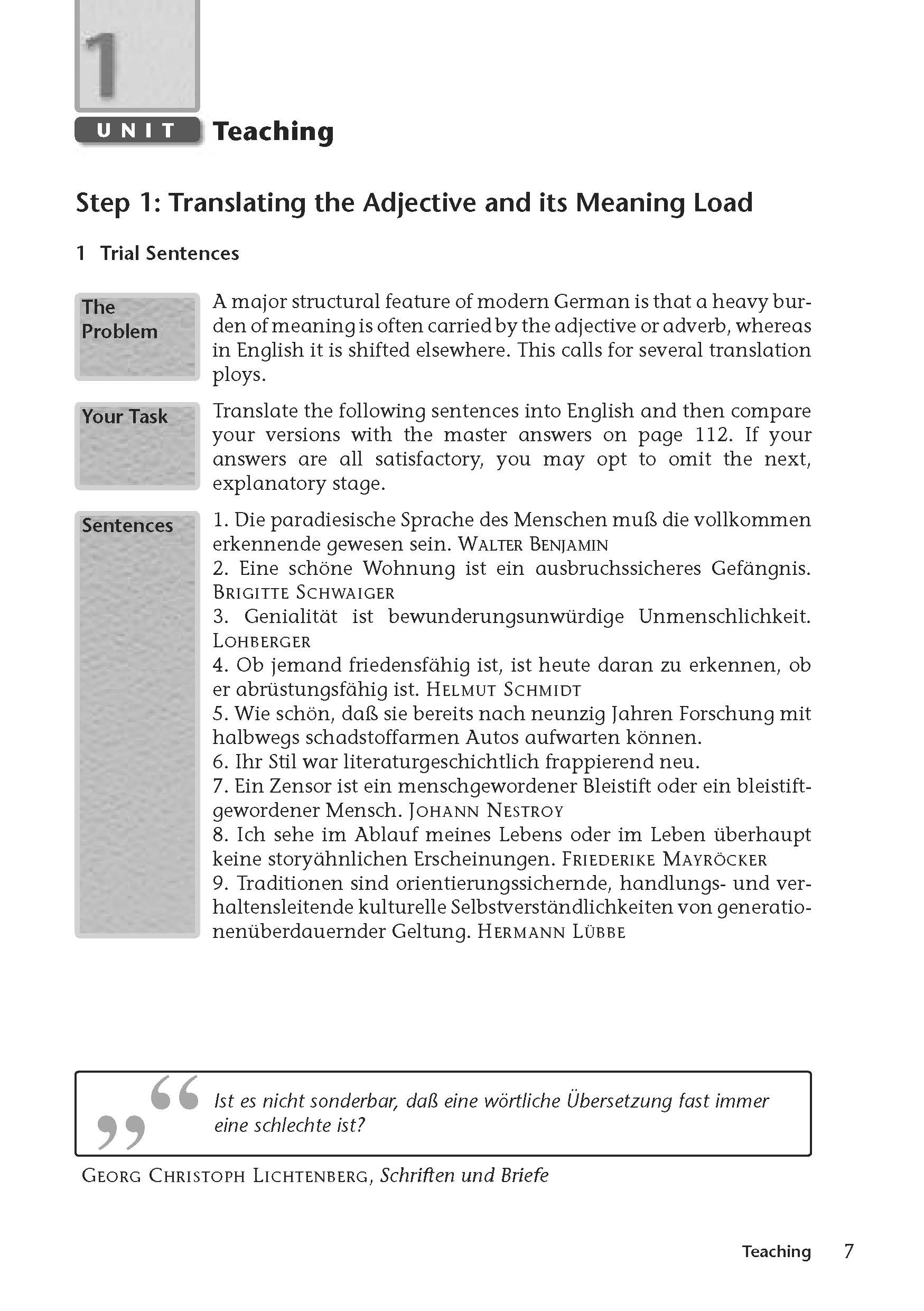 Eine Lehrbuchseite mit dem Titel Schritt 1: Übersetzen des Adjektivs und seiner Bedeutung Last mit Anweisungen und sechs nummerierten deutschen Sätzen zur Übersetzung.