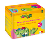 Gelbe Schachtel mit der Aufschrift Meine Lernbox Diktatwörter mit Cartoon-Fröschen auf der Vorderseite; deutsches Unterrichtsmaterial für Diktatwörter in der Grundschule.
