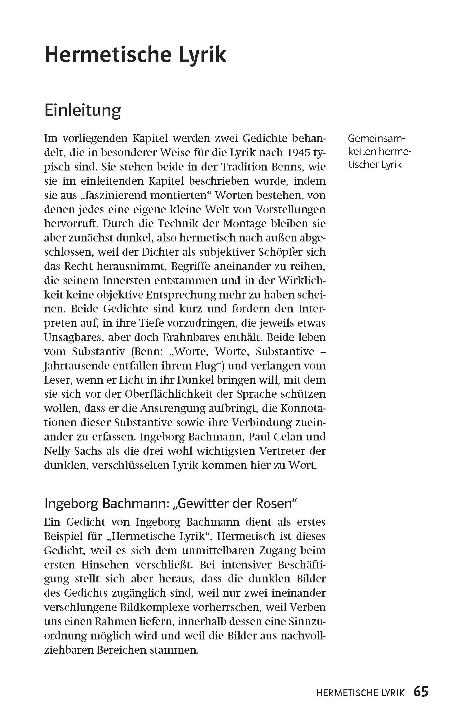 Eine Lehrbuchseite mit dem Titel Hermetische Lyrik mit einem Abschnitt namens Einleitung. Der Text behandelt die hermetische Lyrik, ihre stilistischen Merkmale und die Montagetechnik.