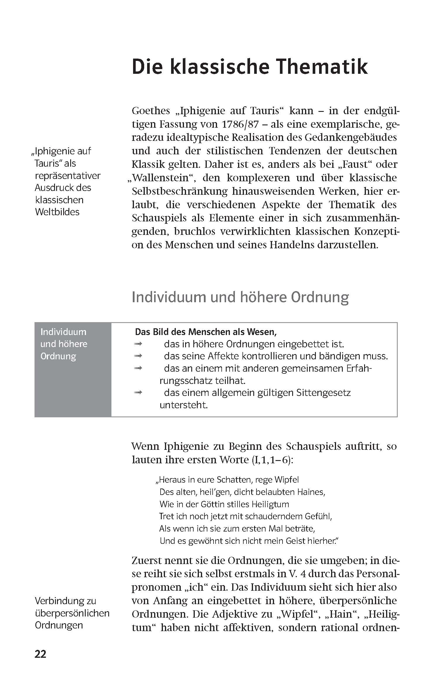 Auf einer Lehrbuchseite in deutscher Sprache werden klassische Themen der Literatur erörtert, wobei der Schwerpunkt auf Goethes Iphigenie auf Tauris und den Konzepten von Individualität und höherer Ordnung liegt. Eine Seitenleiste fasst die wichti...
