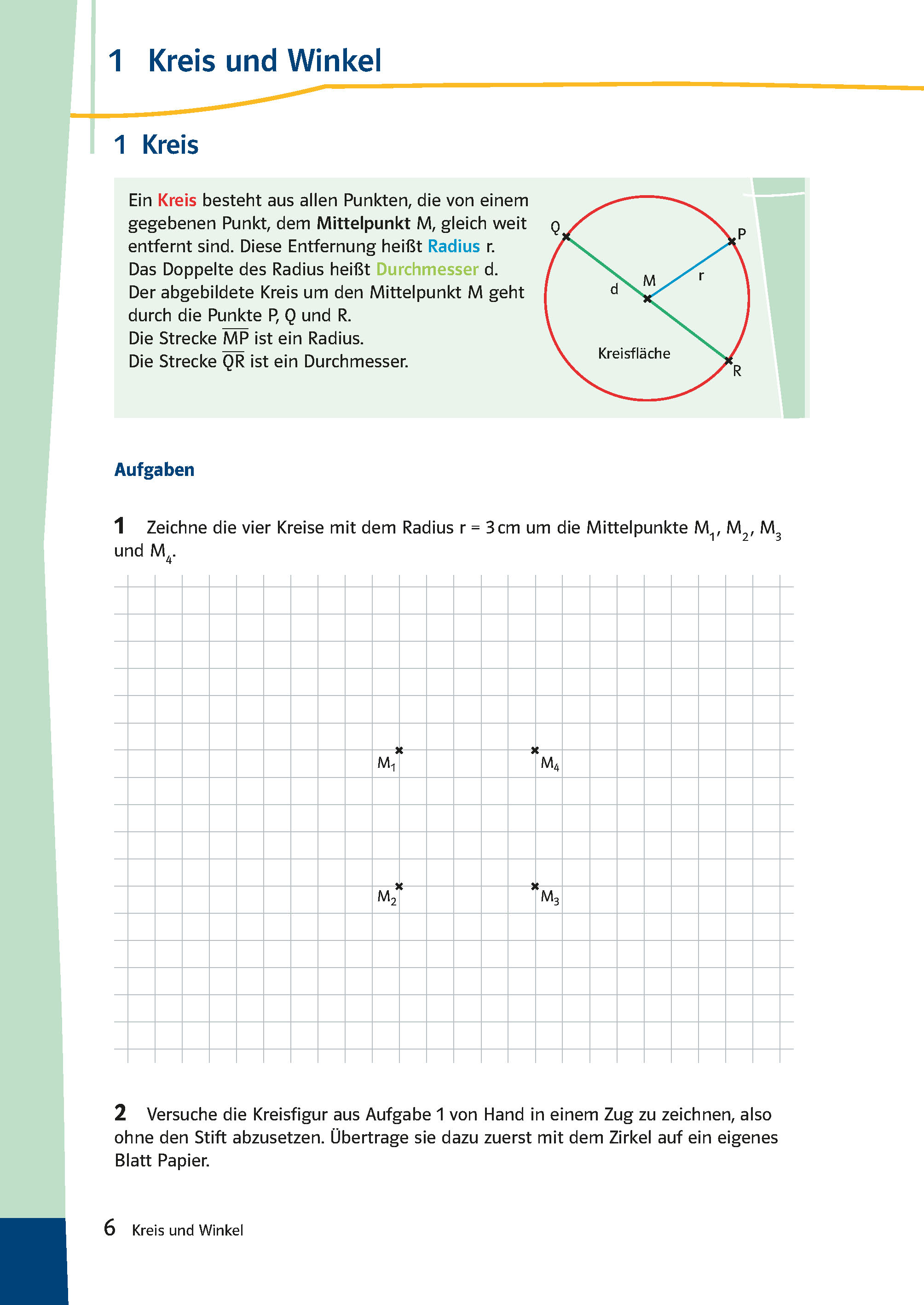 Eine deutschsprachige Geometrie-Lehrbuchseite über Kreise, mit einem beschrifteten Kreisdiagramm und Graphikrastern für Zeichenübungen.