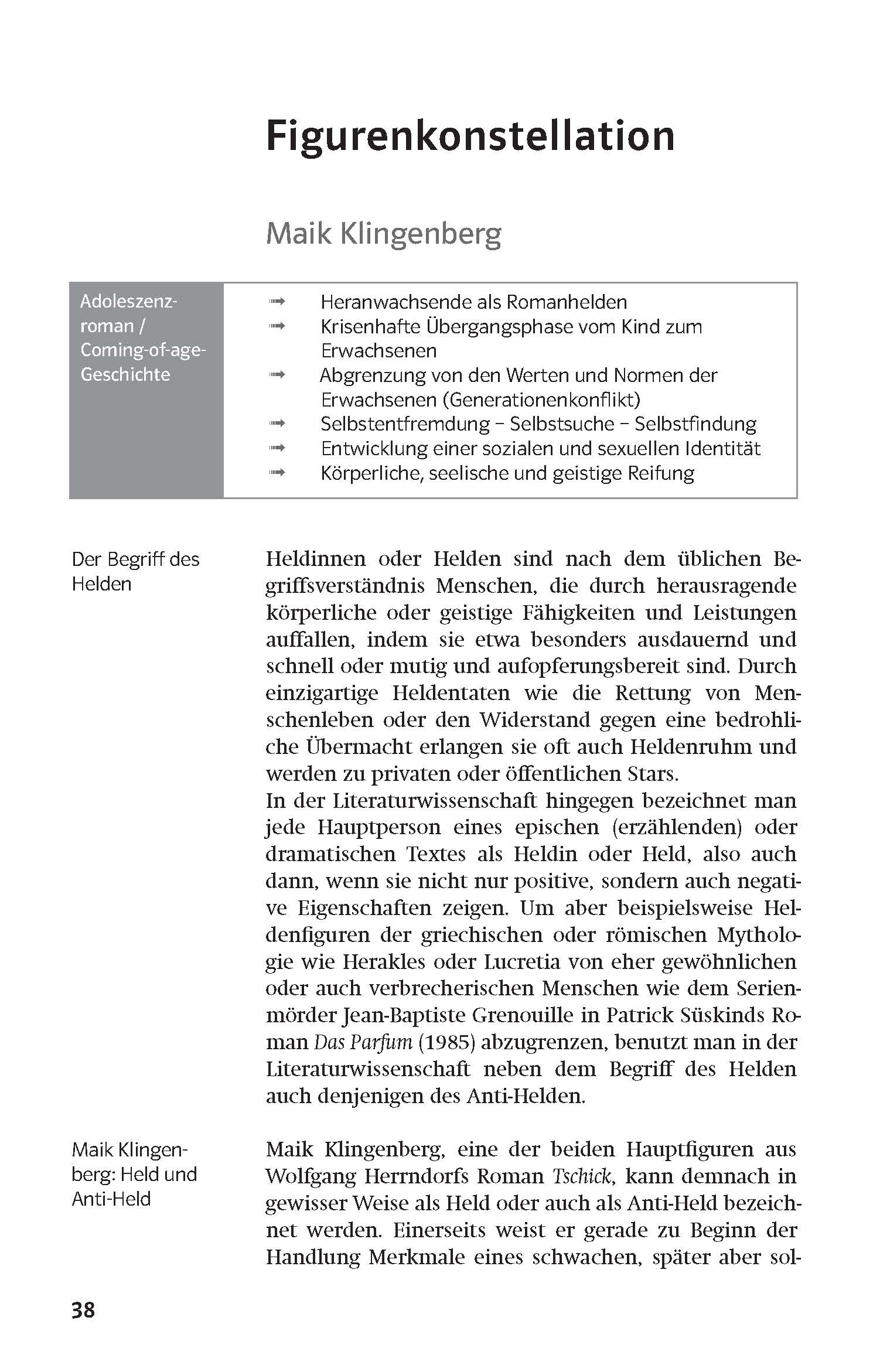 Eine Lehrbuchseite zur Figurenkonstellation von Maik Klingenberg mit einem Schaubild, Randbemerkungen, Überschriften und einem erklärenden deutschen Textblock zu Heldenkonzepten.