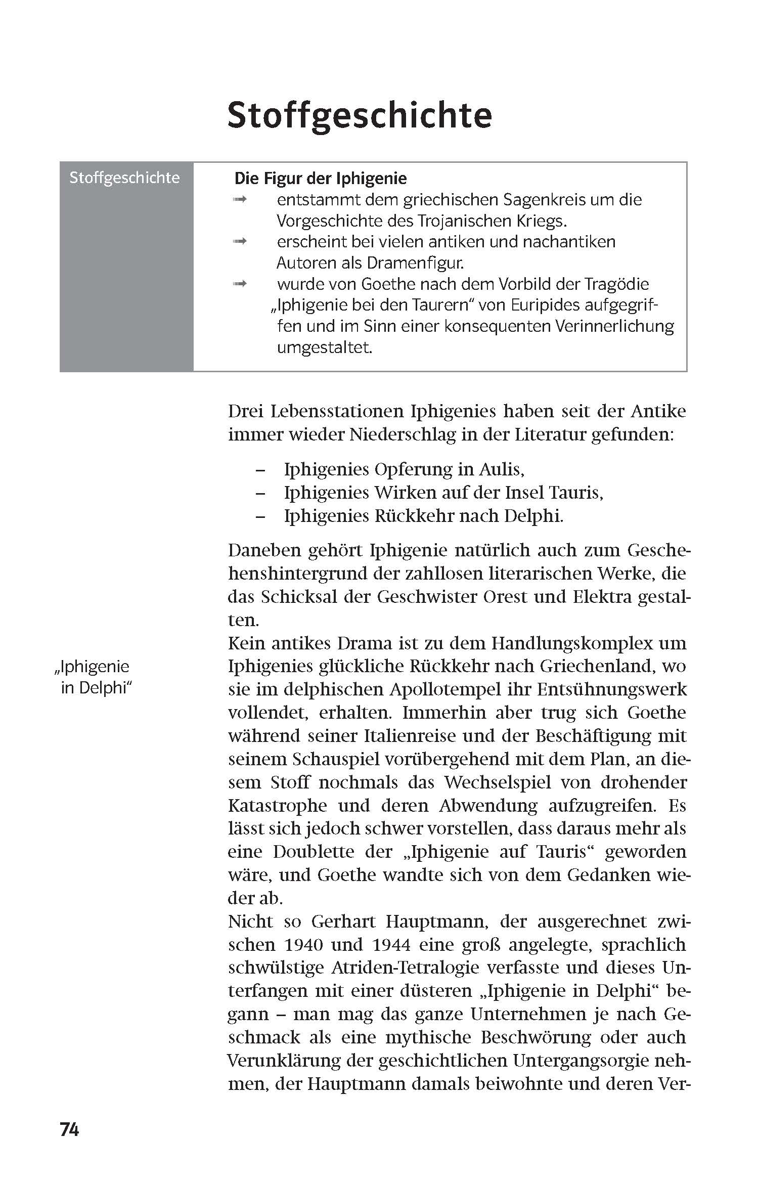 Eine deutschsprachige Lehrbuchseite über die Geschichte der Iphigenie mit einem grauen Infokasten auf der linken Seite und Textabschnitten, die sich mit ihrer Darstellung in der Literatur befassen.