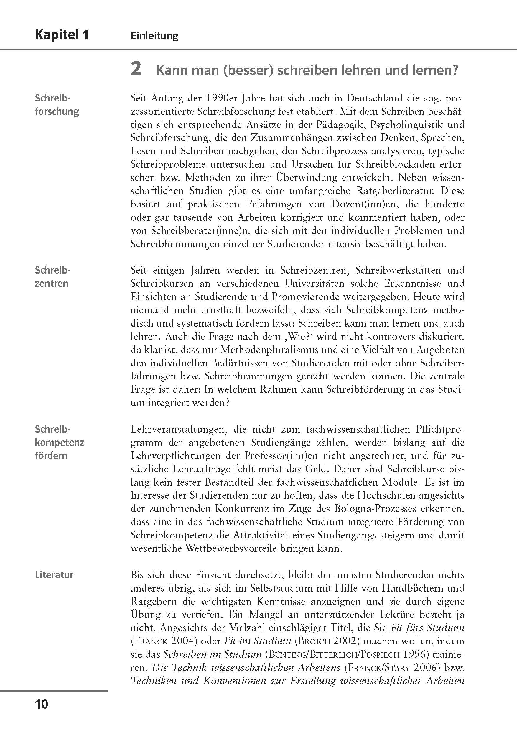Uni Wissen Schreibkompetenzen: Erfolgreich wissenschaftlich schreiben Eine Lehrbuchseite auf Deutsch mit dem Titel Kann man (besser) schreiben lehren und lernen? mit Abschnitten über Schreibforschung, Schreibzentren und Schreibkompetenz. Die Seitenzahl 10 befindet sich am Ende der Seite.