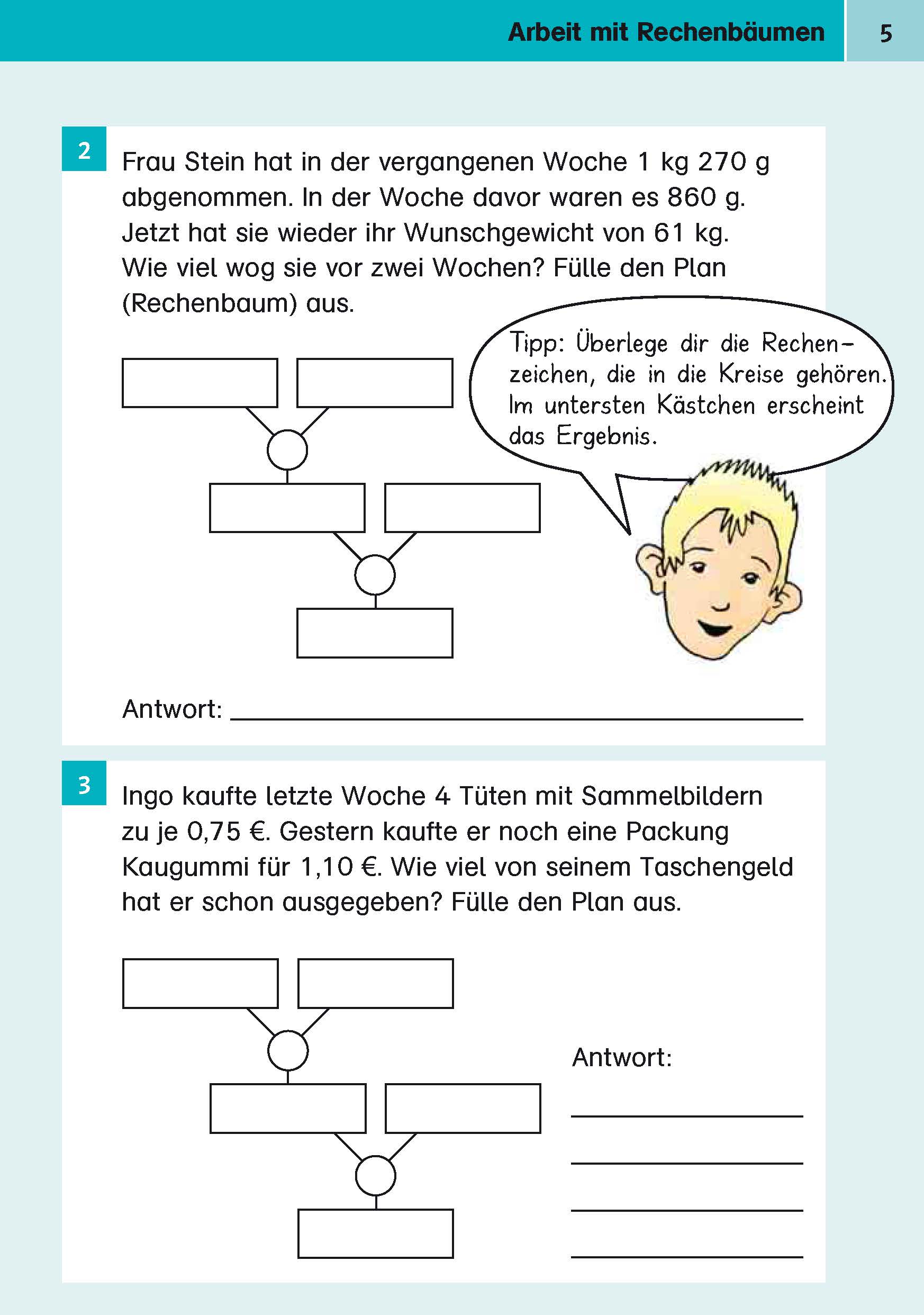 Ein deutsches Mathe-Arbeitsblatt mit zwei Wortaufgaben zur Berechnung von Gewichten und Ausgaben, Leerzeichen für die Antworten und Diagrammen zum Einzeichnen der Rechenschritte. Eine Illustration eines denkenden Jungen ist enthalten.