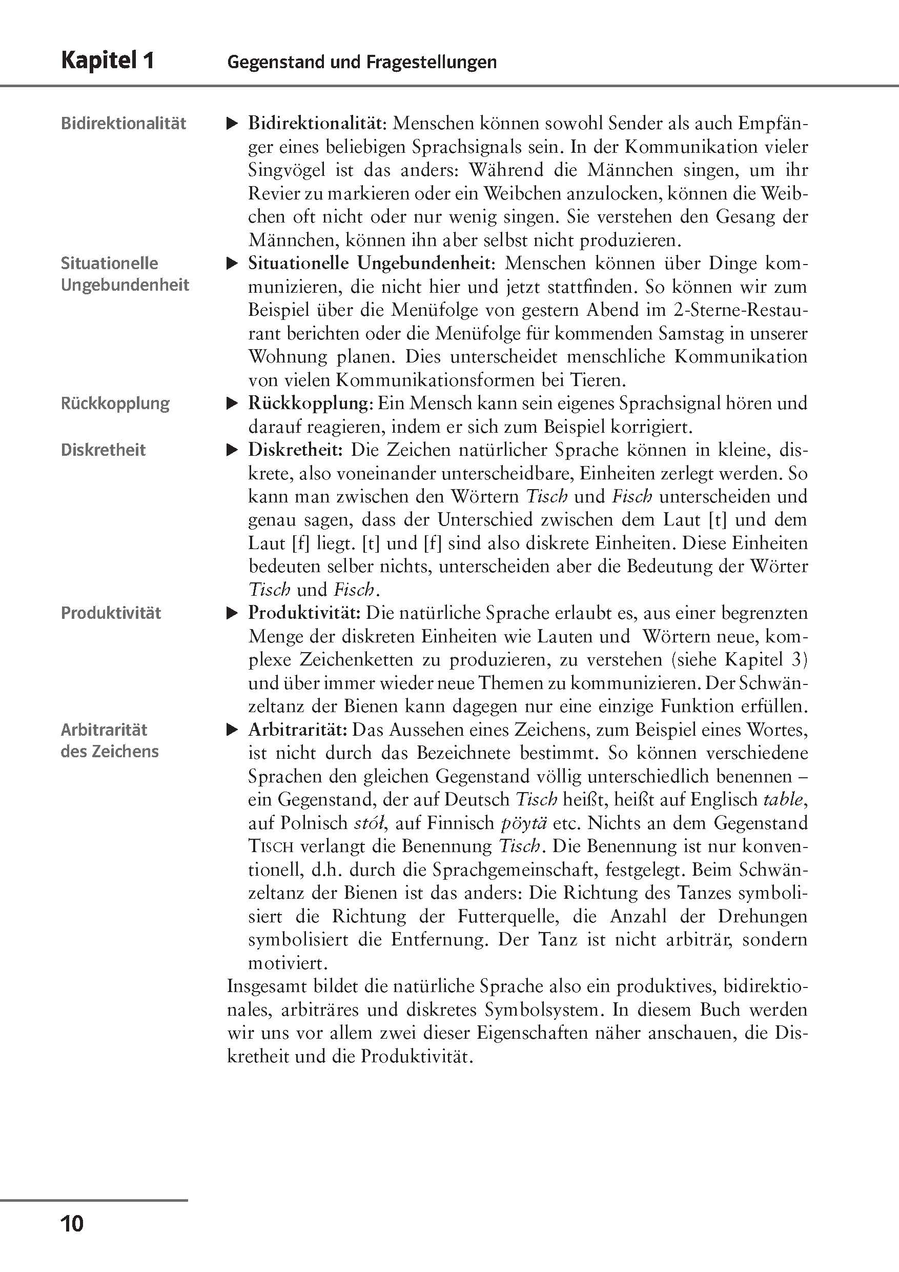 Uni Wissen Grundkurs Sprachwissenschaft Eine deutsche Lehrbuchseite mit Aufzählungspunkten und Text zur Diskussion von Kommunikationskonzepten wie Bidirektionalität, situative Einbettung, Feedback, Diskretion, Produktivität und Willkür.