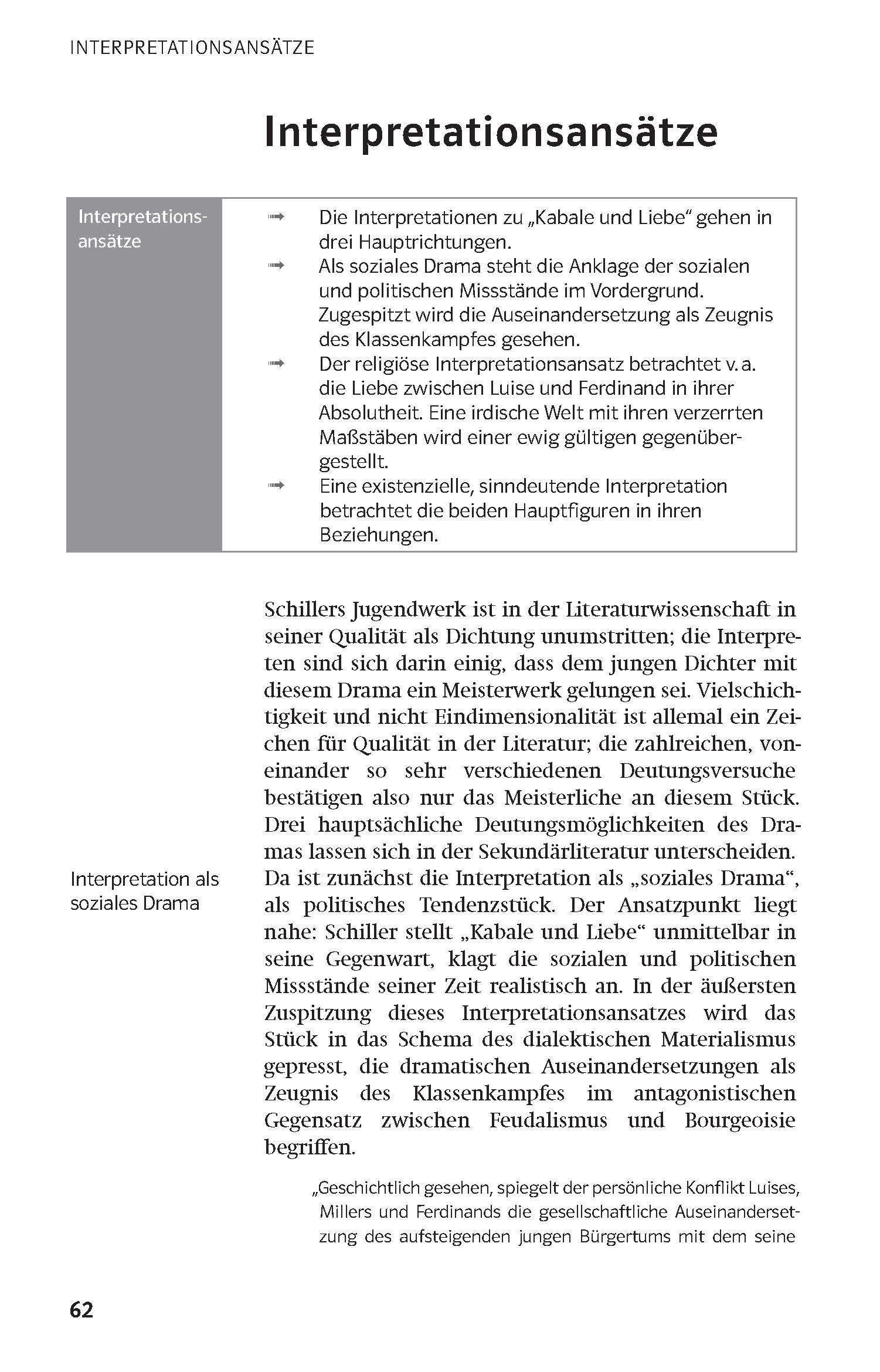 Klett Lektürehilfen Friedrich Schiller, Kabale und Liebe Eine Lehrbuchseite mit dem Titel Interpretationsansätze mit einer Tabelle, die verschiedene Ansätze zur Interpretation des Dramas Kabale und Liebe beschreibt, einschließlich sozialer, religiöser und existentieller Perspektiven.