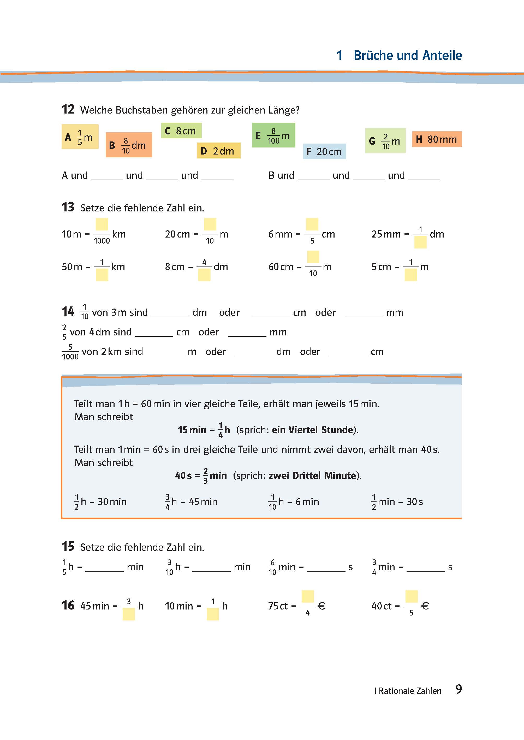 Lambacher Schweizer 2 - Das Trainingsbuch zum Lehrbuch Arbeitsblattseite mit Mathematikübungen zu Längen- und Zeiteinheiten, einschließlich Lückentextfragen mit bunten Zahlenfeldern und Umrechnungsaufgaben.