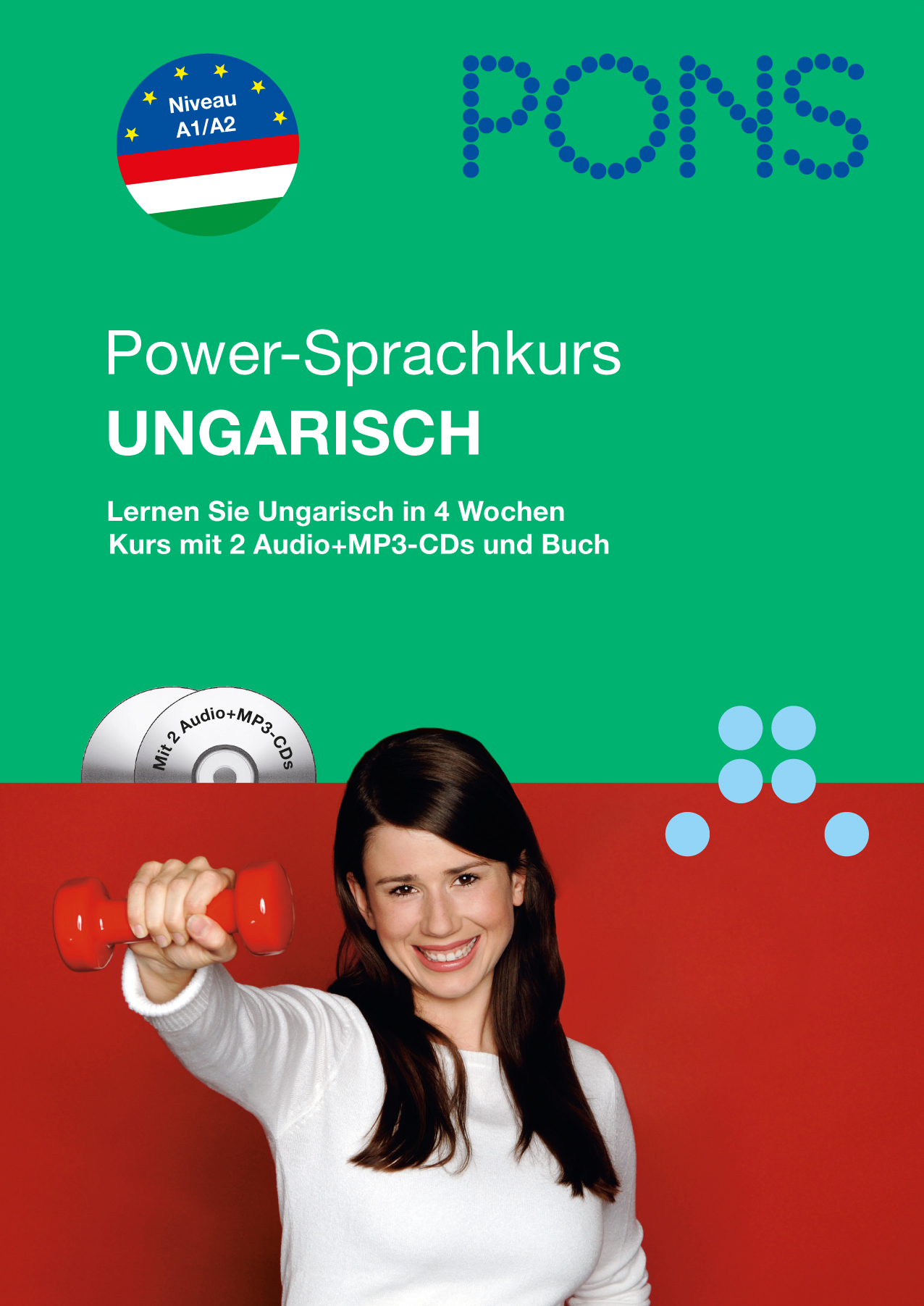 Umschlag eines Ungarisch-Sprachkursbuchs mit einer lächelnden Frau, die eine rote Hantel hält, mit Audio-CD-Illustration und Kursdetails in deutschem Text.