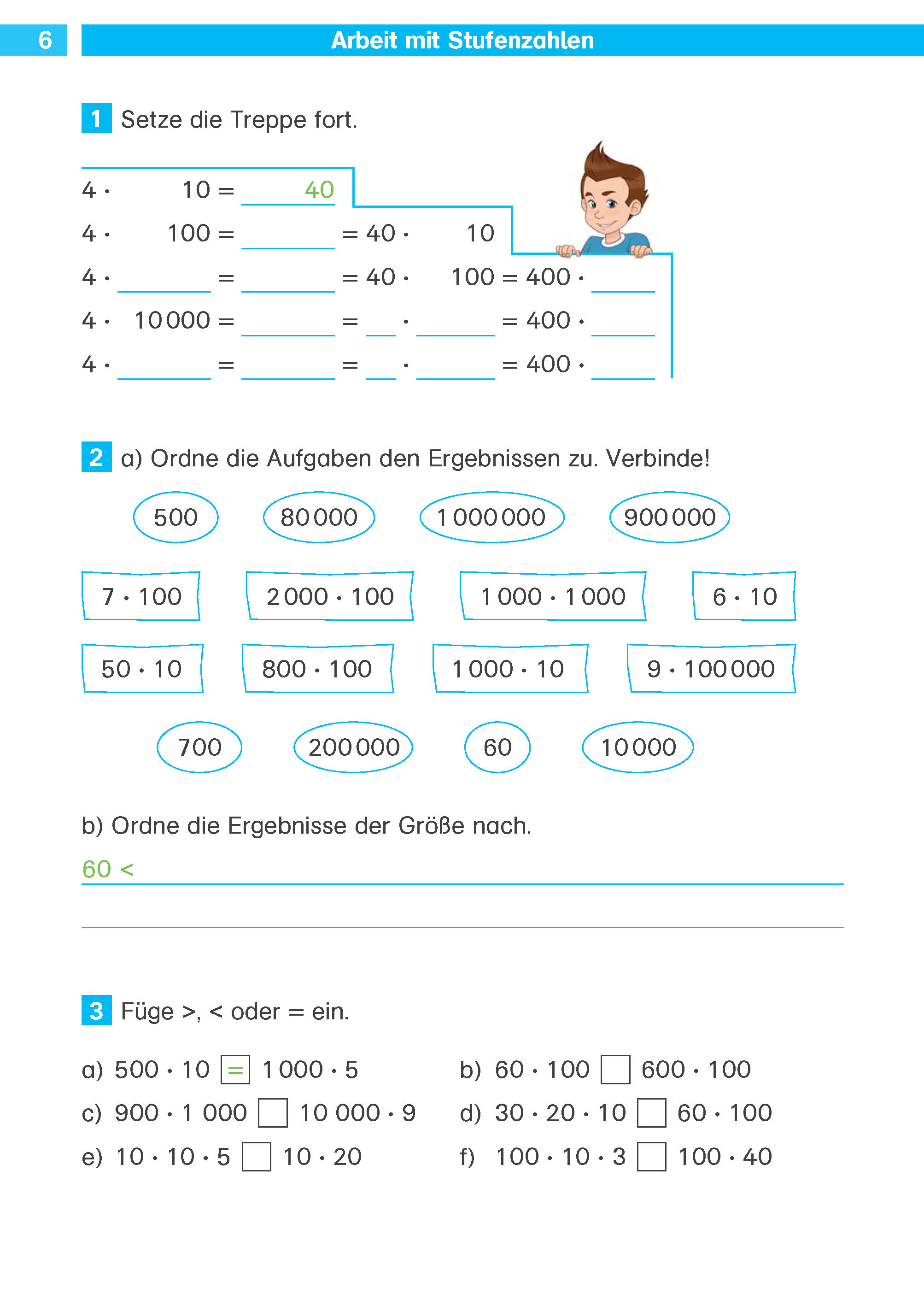 Ein deutsches Mathe-Arbeitsblatt für Kinder beinhaltet Schrittberechnungen, die Zuordnung von Zahlen zu Ergebnissen, das Sortieren von Zahlen nach Größe und den Vergleich von Zahlen mit größer oder kleiner als.