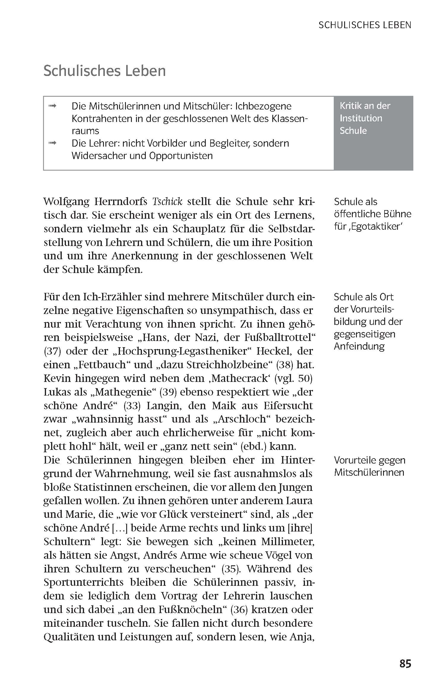 Eine Schulbuchseite in deutscher Sprache behandelt das Schulleben, mit Aufzählungspunkten, Überschriften und Absätzen, die die Rolle der Schule und das Verhalten der Schüler analysieren. Die Seitenzahl 85 befindet sich am unteren Rand.