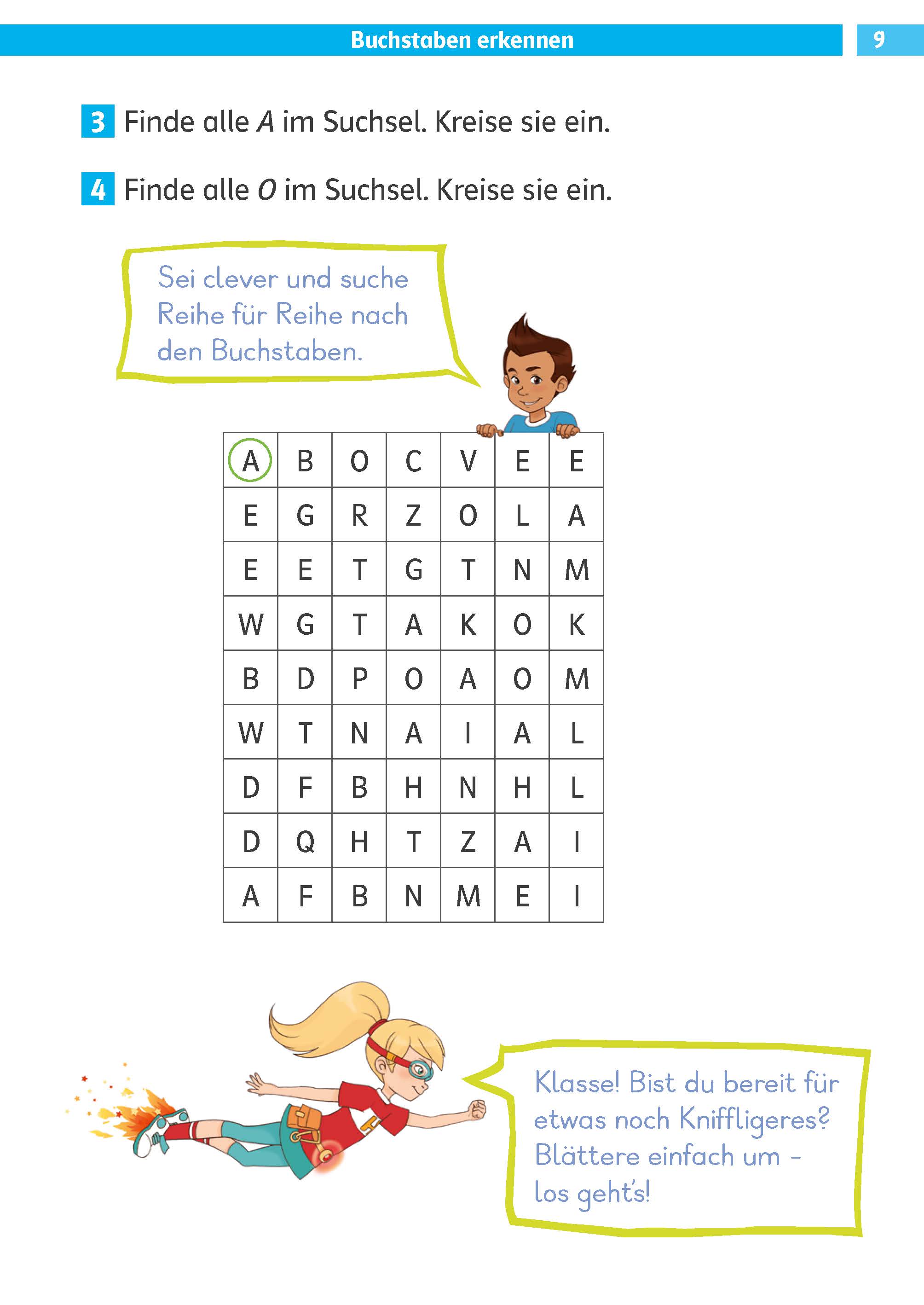 Klett Die Deutsch-Helden: Lesen und schreiben 1. Klasse Eine deutsche Aktivitätsseite mit einem Buchstabensuchrätsel, einem Cartoon-Jungen und -Mädchen und der Anweisung, den Buchstaben A zu finden und einzukreisen.