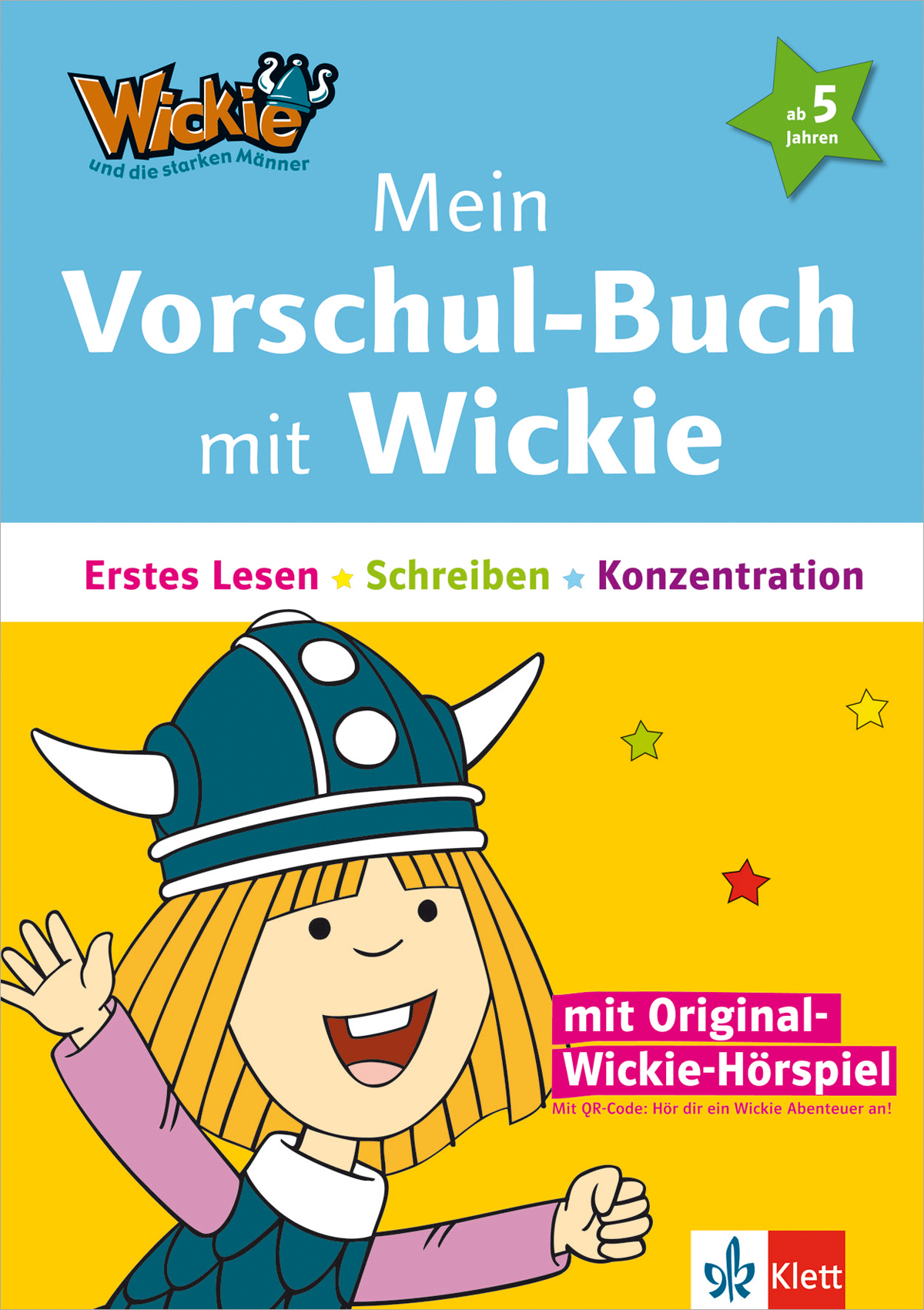 Umschlag eines deutschen Kinderbuchs mit dem Titel Mein Vorschul-Buch mit Wickie, auf dem ein lächelndes Wikingerkind mit einem gehörnten Helm abgebildet ist.