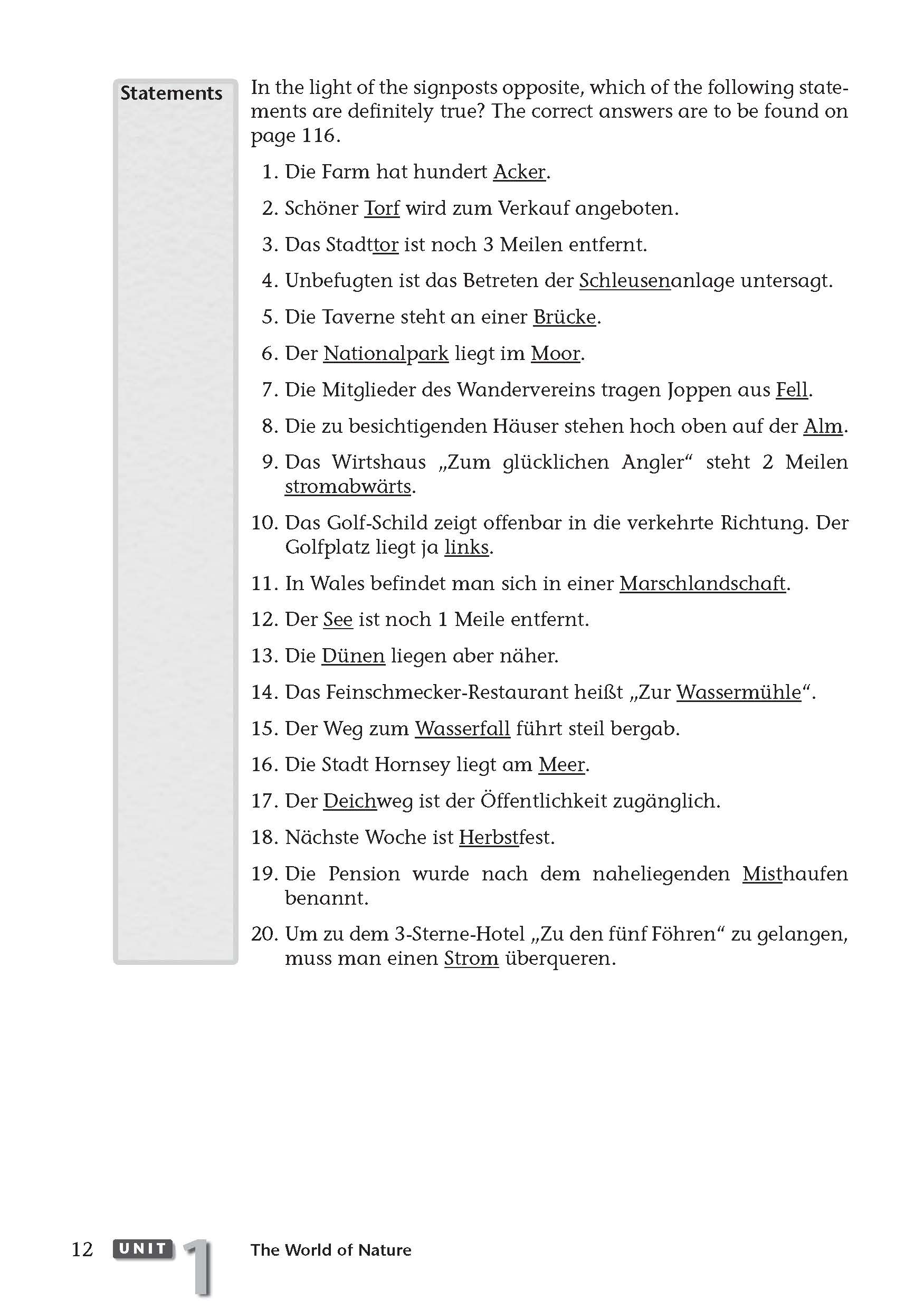 Uni Wissen Grundkurs Übersetzen Deutsch-Englisch Auf einer Lehrbuchseite sind Multiple-Choice-Aussagen zu Orten in deutscher Sprache aufgeführt, mit Anweisungen in englischer Sprache am oberen Rand und der Seitenzahl 12 am unteren Rand.