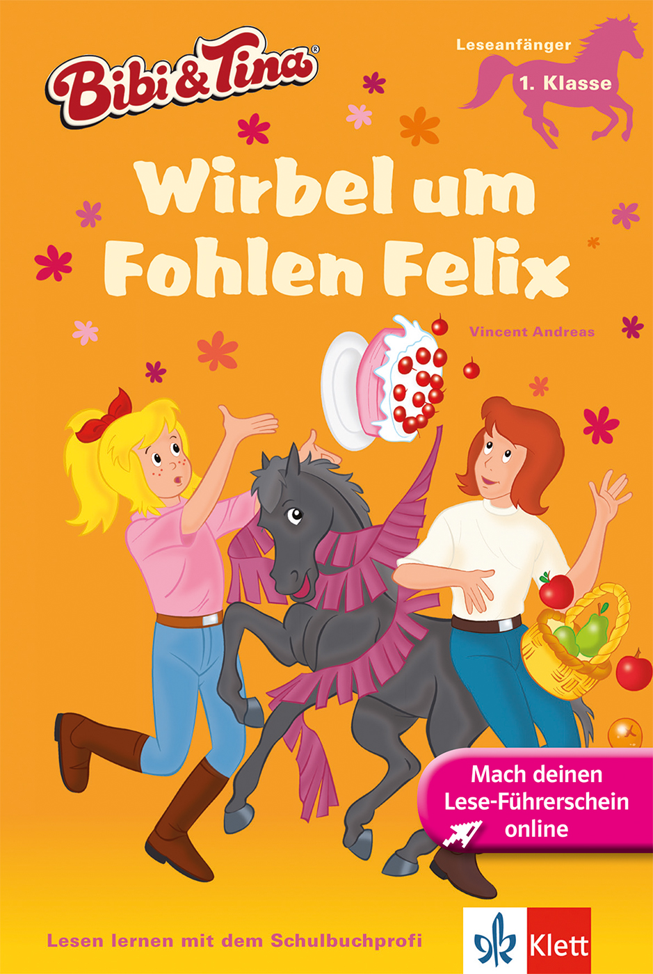 Das illustrierte Cover von Bibi & Tina: Wirbel um Fohlen Felix zeigt zwei Mädchen, ein schwarzes Fohlen, eine Torte und einen Pokal auf einem orangefarbenen Hintergrund mit Sternen und Blumen.