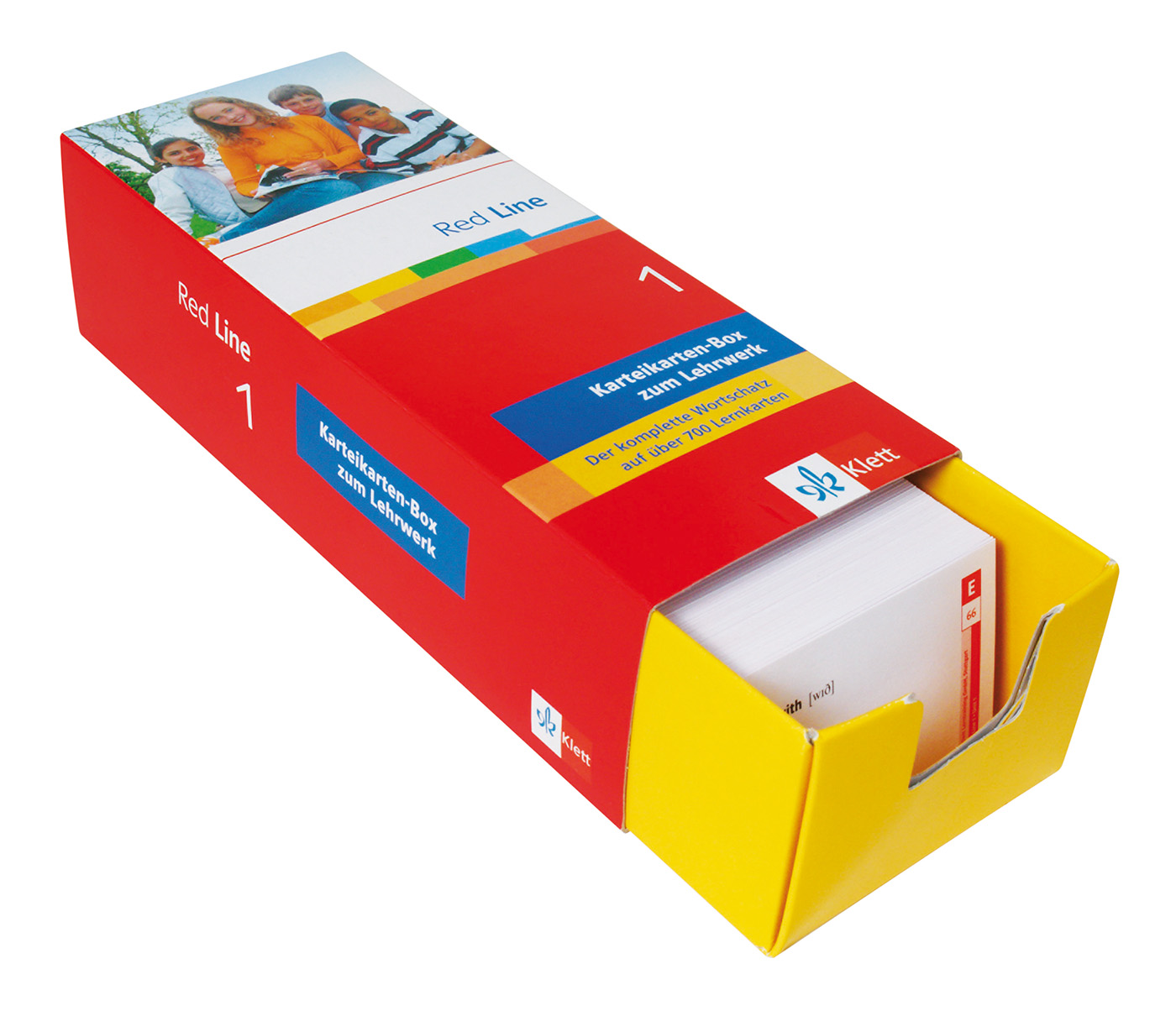 Eine rechteckige Schachtel mit der Aufschrift Red Line 1 enthält ein Set von Lernkarten. Die Schachtel weist bunte Designelemente und ein Foto von Kindern auf dem Deckel auf.