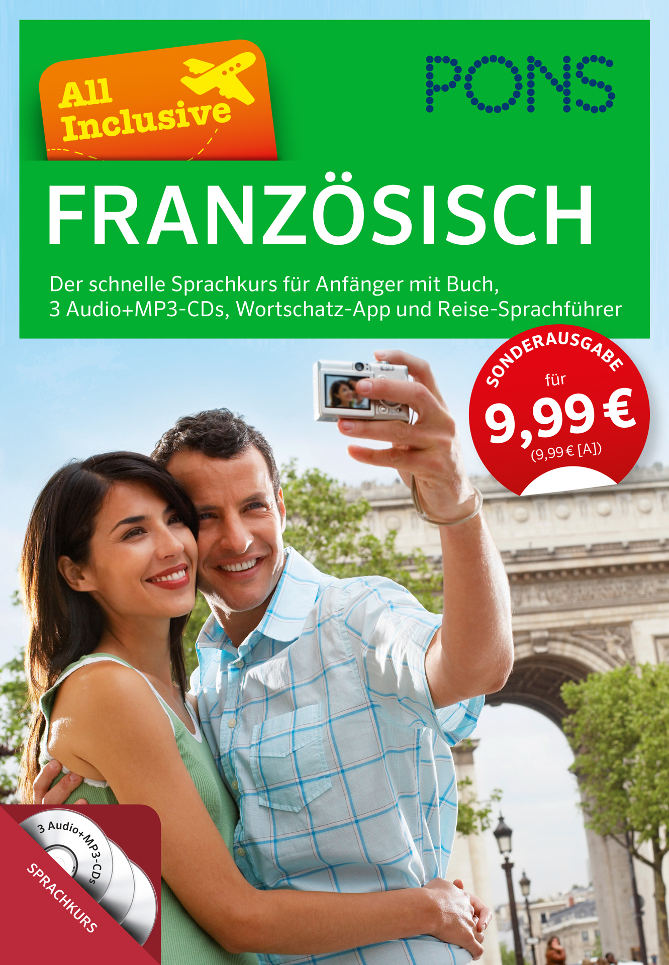 Ein lächelndes Paar macht ein Selfie vor dem Arc de Triomphe; das Bild ist auf dem Cover eines PONS-Sprachlernbuchs für Französisch.