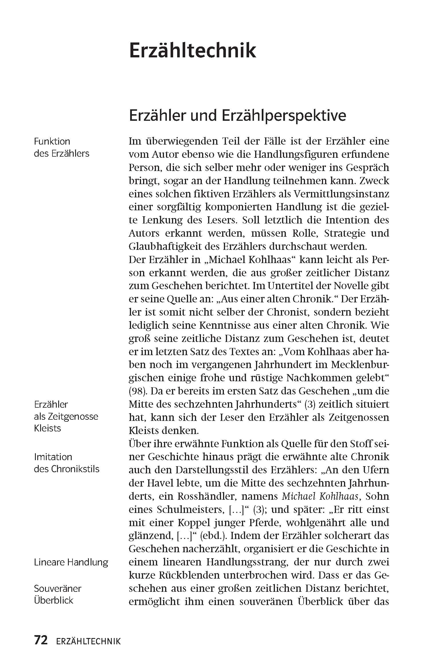 Eine deutschsprachige Lehrbuchseite erörtert die Erzähltechnik, die Erzählerperspektive und enthält Seitenüberschriften über die Funktionen des Erzählers und Aspekte der Erzählstruktur.