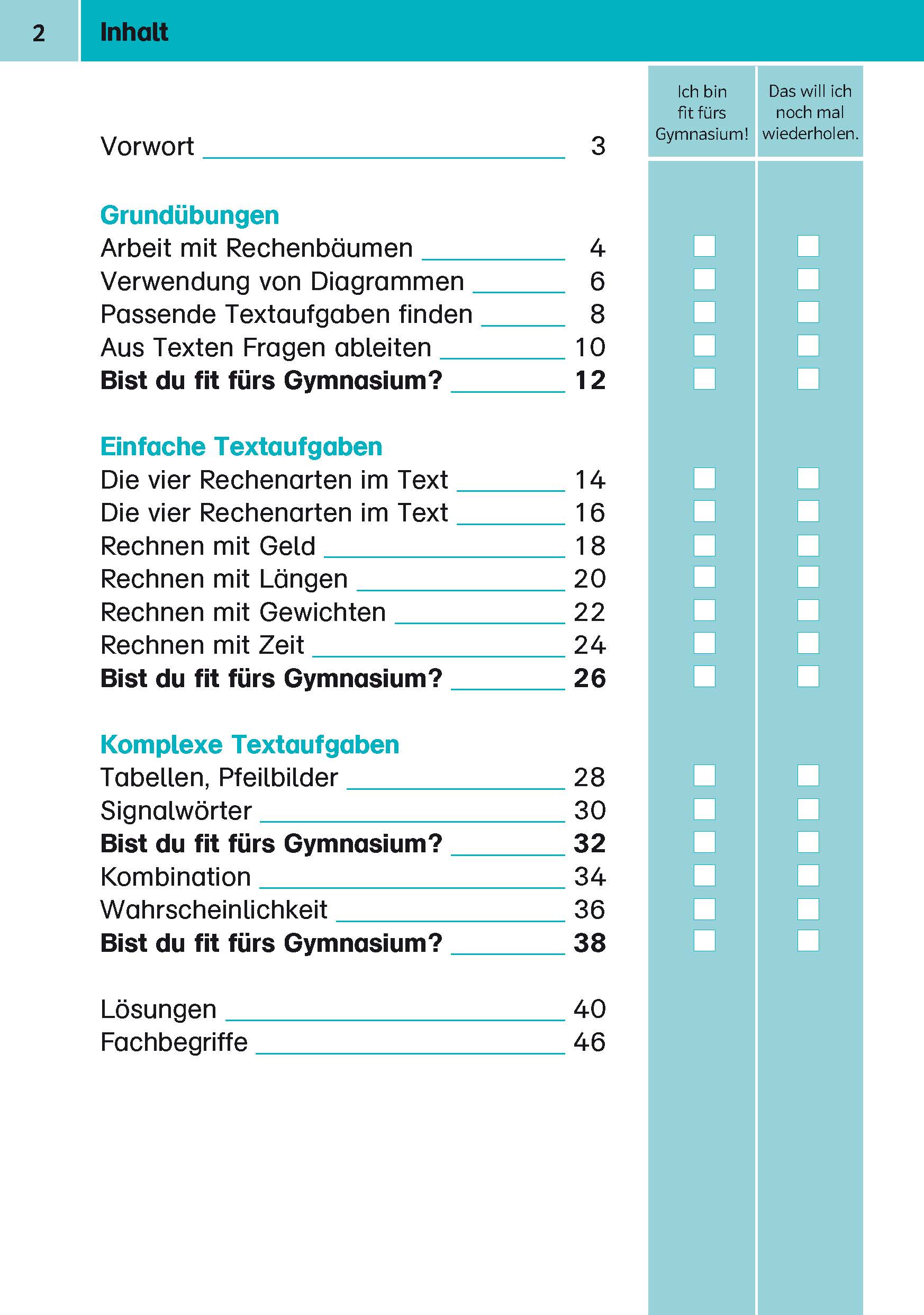 Inhaltsverzeichnis eines deutschen Übungsheftes mit Themen zu Grundrechenarten, einfachen Wortaufgaben, komplexen Aufgaben und Kästchen für die Gymnasialreife.