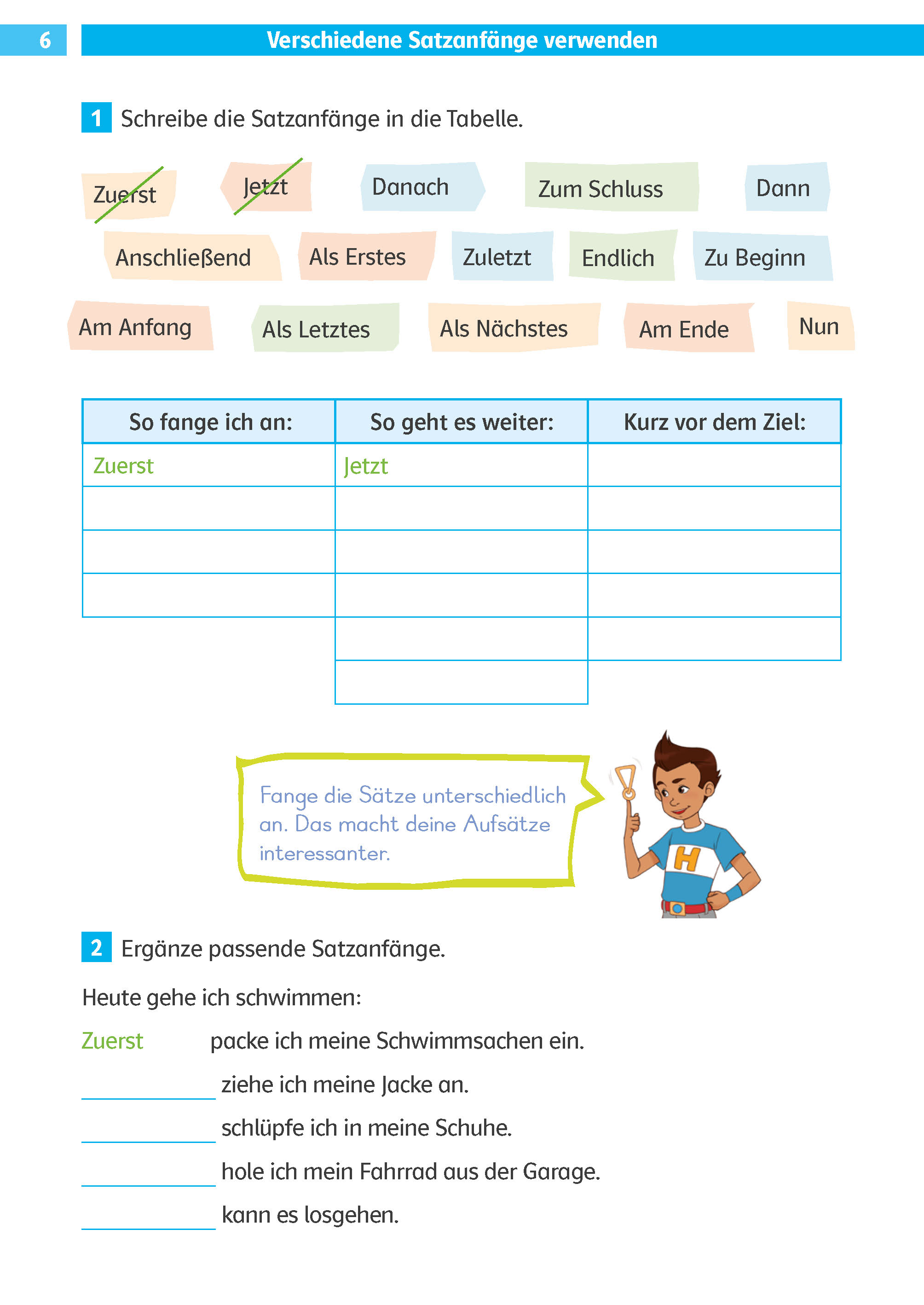 Ein Arbeitsblatt zur deutschen Sprache mit Satzanfängen wie Zuerst und Jetzt, einer Tabelle zum Ausfüllen, Beispielsätzen und einem Cartoon-Jungen, der auf eine Sprechblase zeigt.
