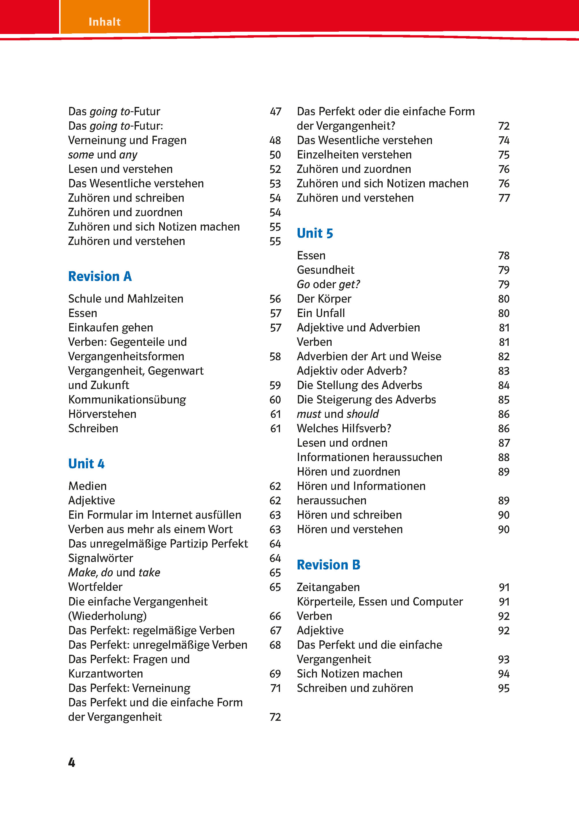 Inhaltsverzeichnis eines Deutsch-Lehrbuchs, das die Einheiten und Themen wie Grammatik, Hörverständnis, Sprechen und Wortschatzübungen auflistet, geordnet nach Wiederholungs- und Einheitsabschnitten.