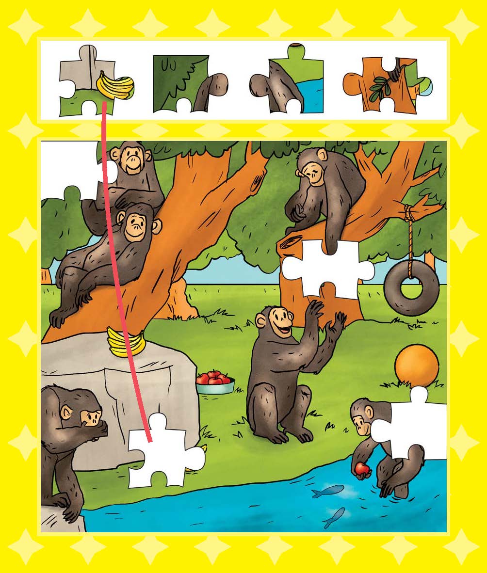 Klett Mein Lieblings-Block für unterwegs Illustration von fünf Schimpansen in einem Park, von denen einige Puzzleteile in der Hand halten, mit einem Bananen-Puzzleteil, das in der Nähe eines Schimpansen auf einem Felsen liegt.