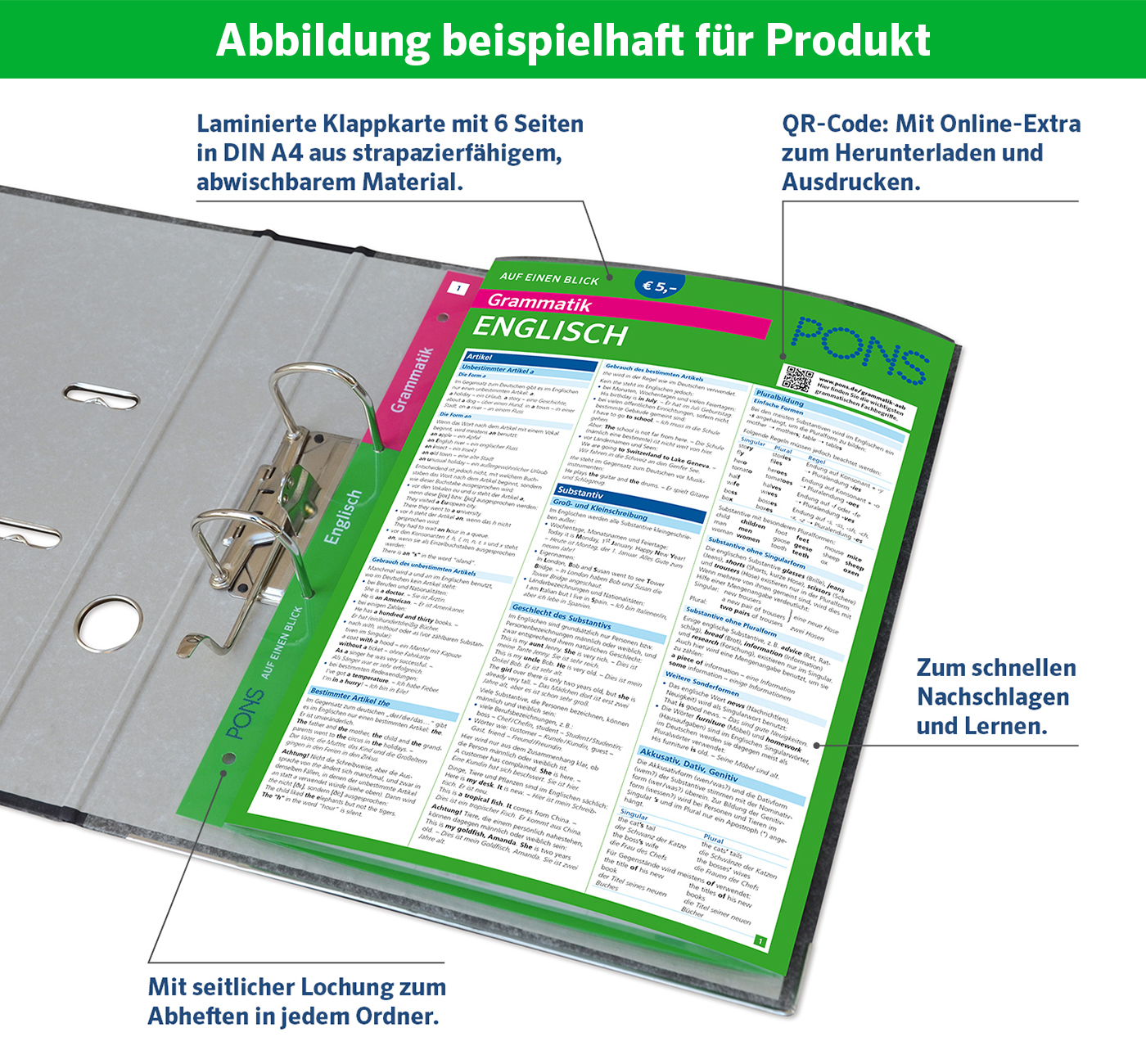 PONS Zeiten auf einen Blick Italienisch Ein sechsseitiges laminiertes Nachschlagewerk für englische Grammatik in einem Ringbuch mit QR-Code-Zugang, Online-Extras und seitlichen Löchern zum einfachen Einlegen und Herausnehmen der Blätter.