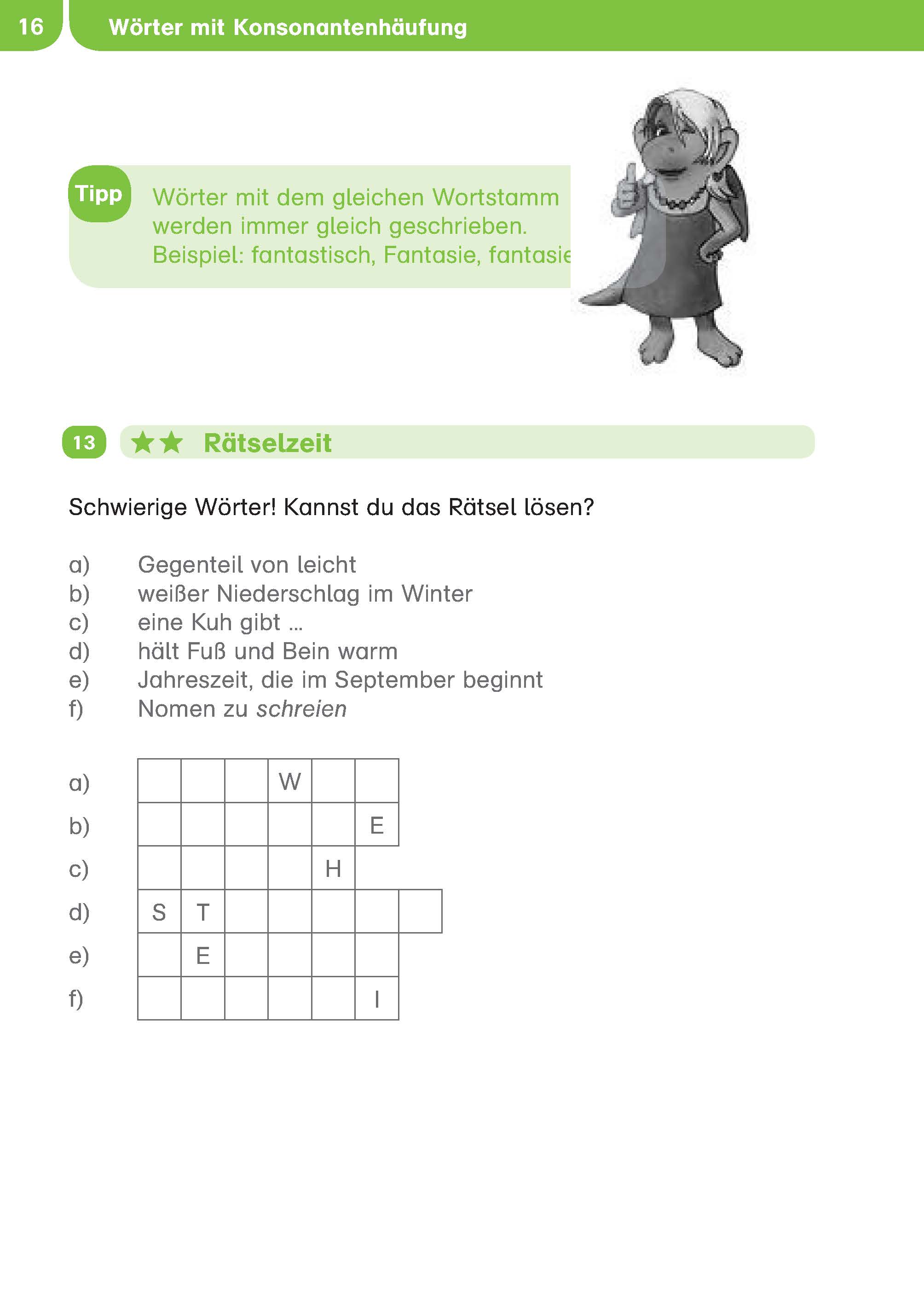 Eine deutschsprachige Arbeitsbuchseite mit einem Kreuzworträtsel und Hinweisen, einer Zeichentrick-Tierillustration und einem grünen Hinweiskasten zu Wortstämmen.