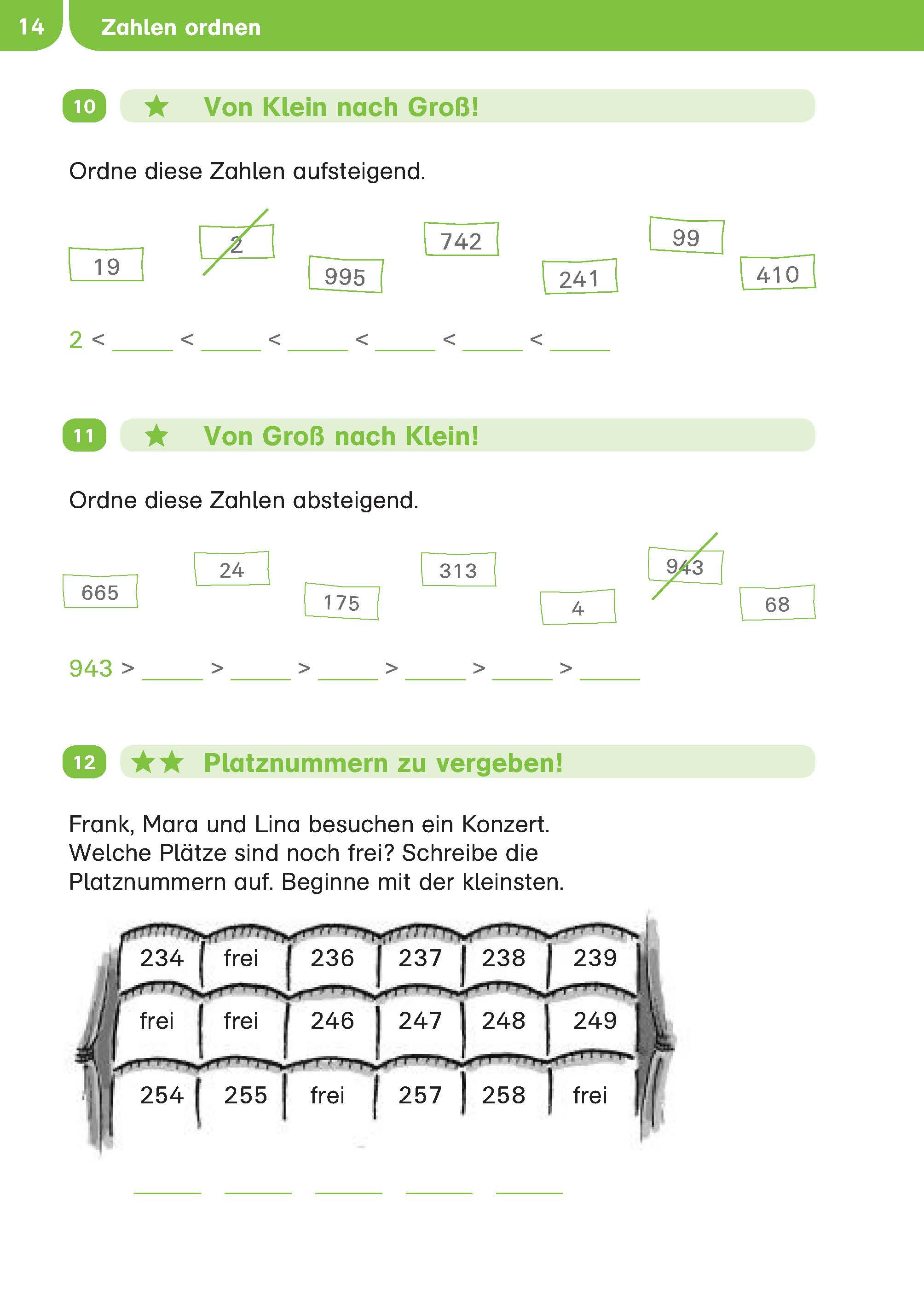 Ein deutsches Arbeitsblatt mit Übungen zur Zahlenreihenfolge und einem Sitzplan, der die Schüler auffordert, Zahlen zu ordnen und Sitzplatznummern in aufsteigender und absteigender Reihenfolge zuzuordnen.