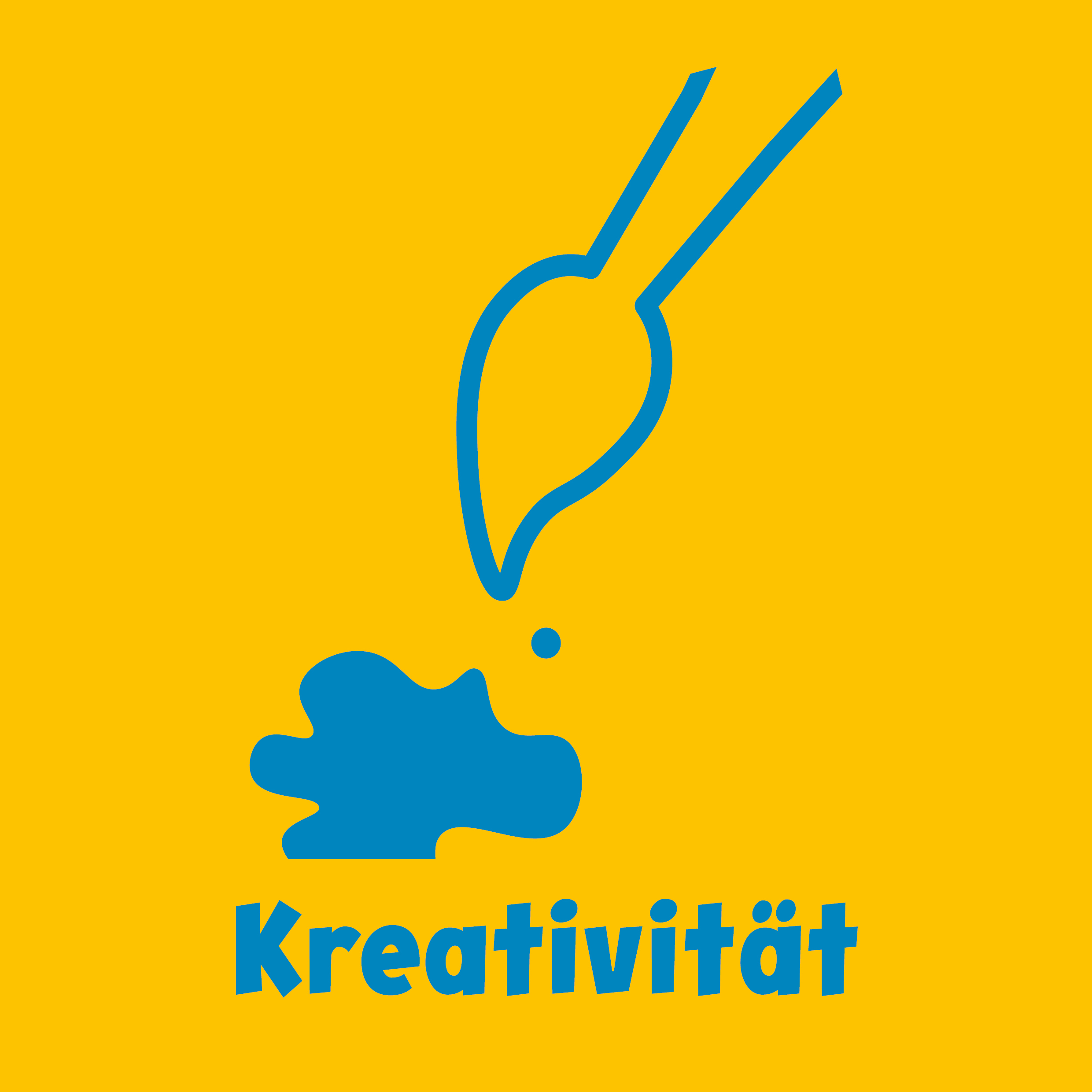 Ein blauer Pinsel zeichnet einen blauen Spritzer über das Wort Kreativität auf gelbem Hintergrund.