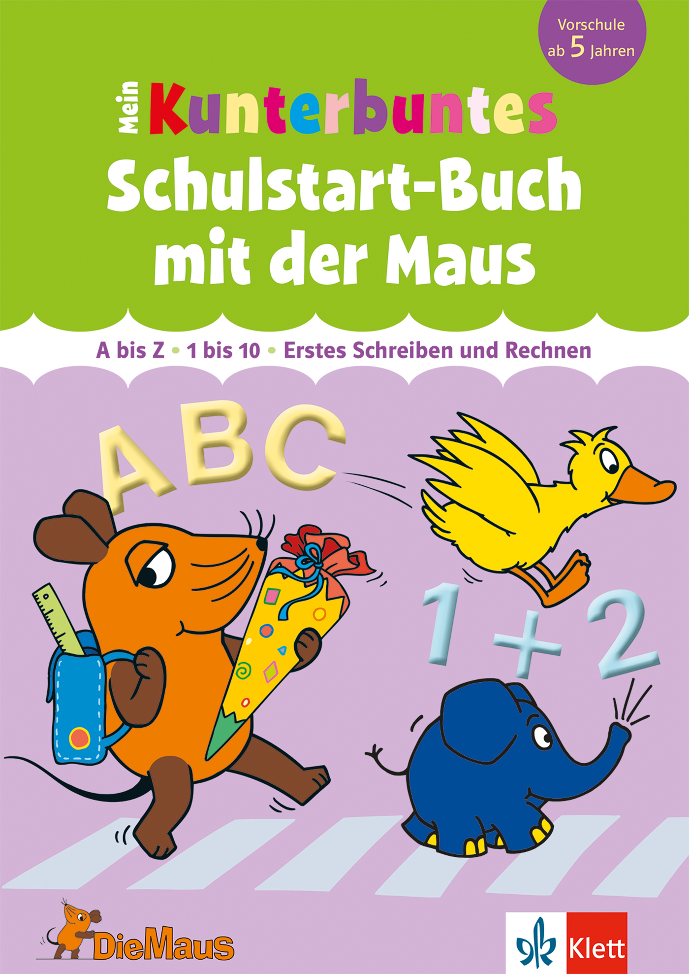 Umschlag eines deutschen Arbeitsbuchs für Kinder mit Zeichentrickfiguren: eine Maus mit Geschenken, eine Ente und ein Elefant mit buntem Text und Zahlen.