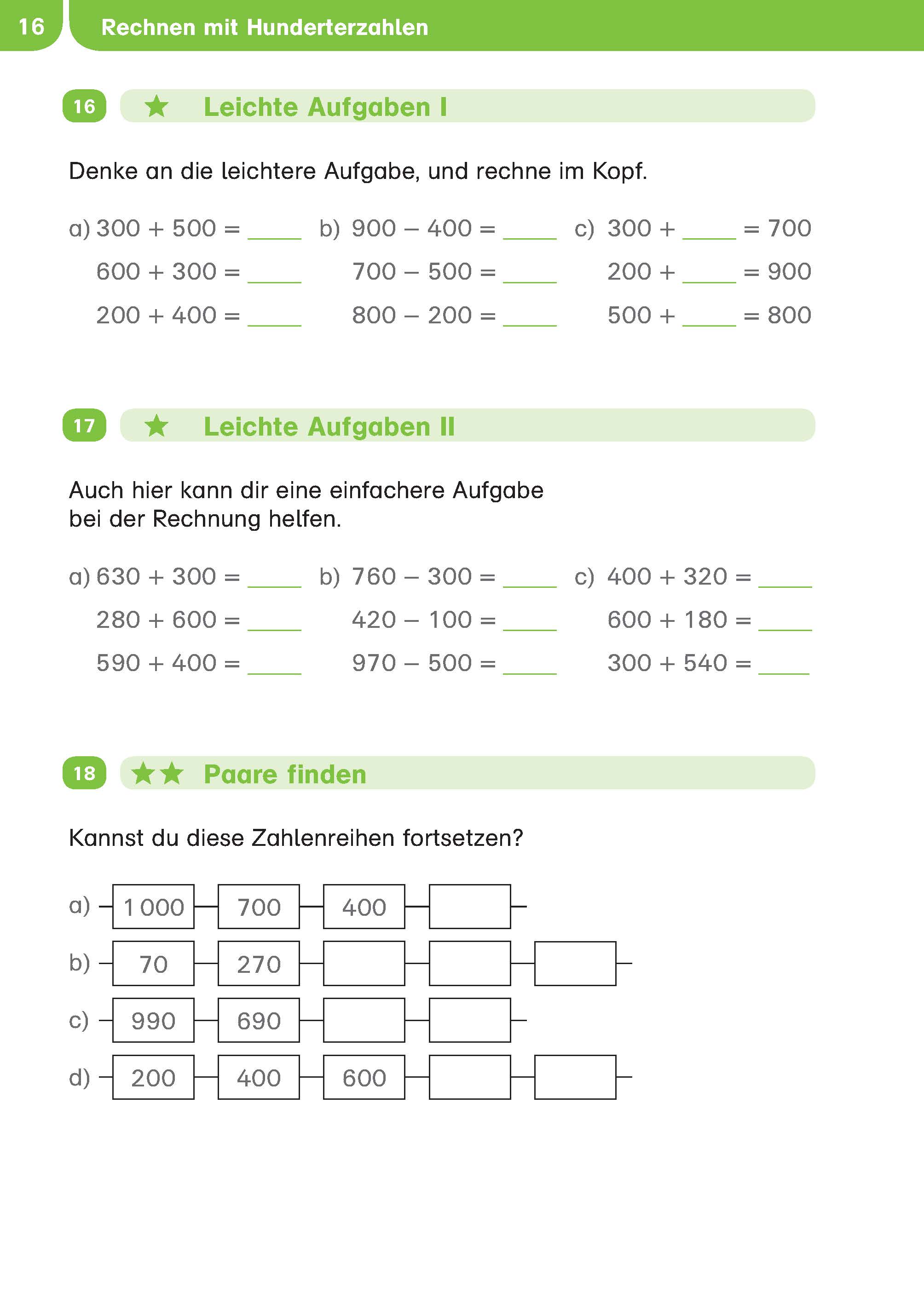 Ein deutsches Mathe-Arbeitsblatt mit drei Abschnitten mit Zahlenproblemen: mentale Addition, einfachere Addition und eine Zahlenfolge, die in einem Flussdiagramm zu vervollständigen ist.
