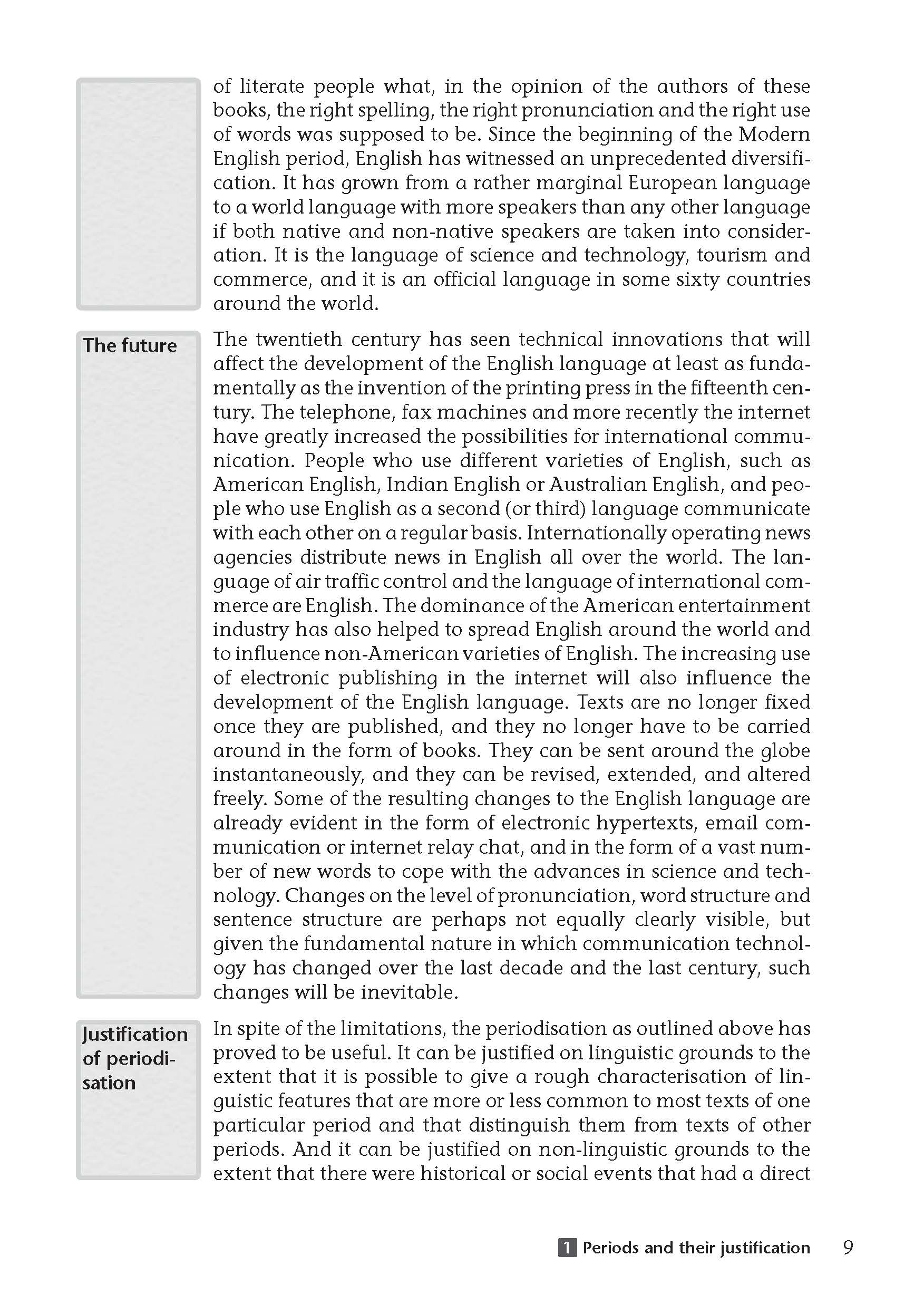 Uni Wissen History of English and English Historical Linguistics Eine Lehrbuchseite mit zwei hervorgehobenen Abschnitten mit dem Titel Die Zukunft und die Rechtfertigung der Periodisierung, in denen die Diversifizierung des Englischen und die Gründe für die Einteilung der Perioden erörtert werden.