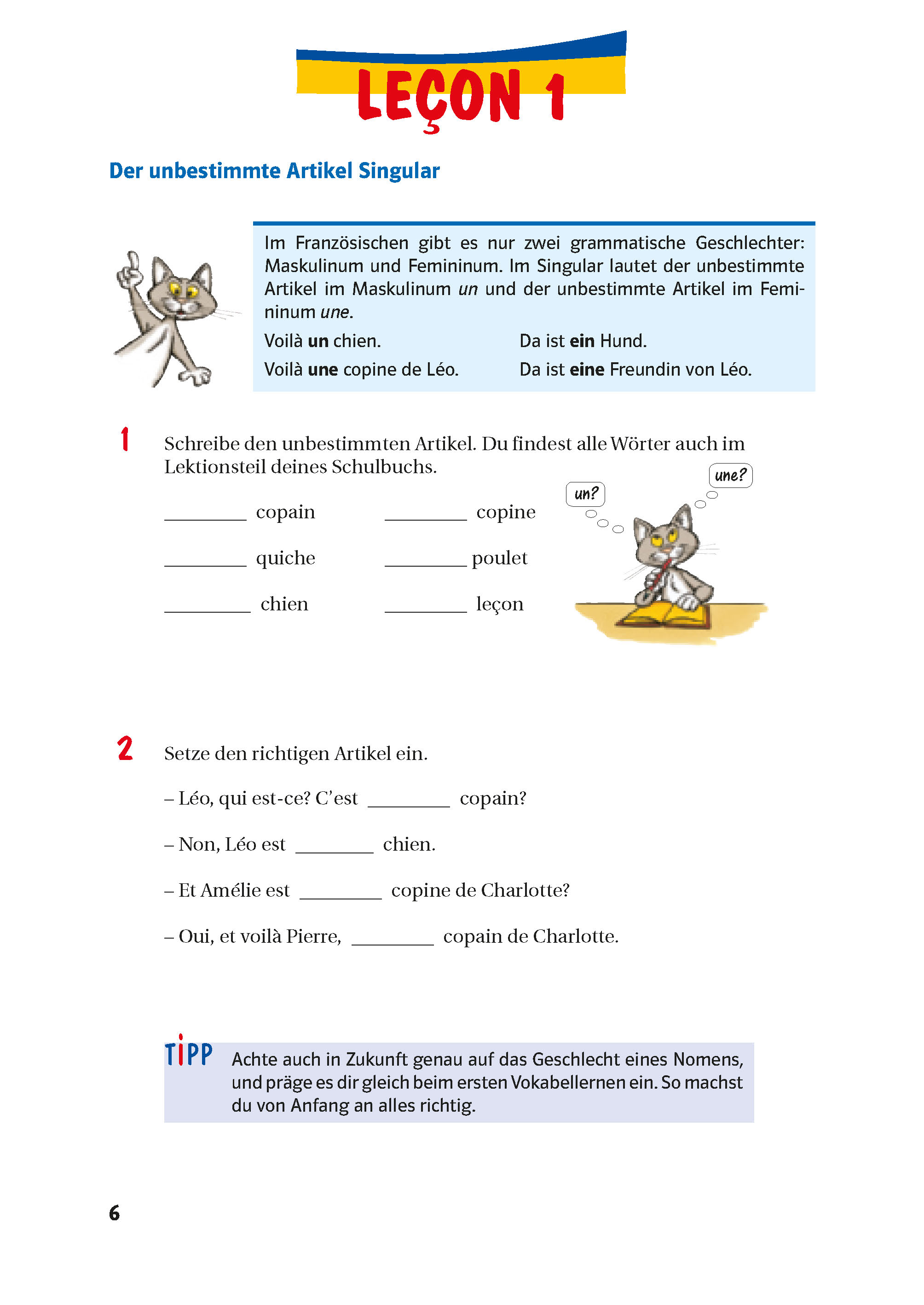 Ein französisches Arbeitsblatt zum Thema unbestimmter Artikel, mit Cartoon-Katzenillustrationen, Vokabeln, Übungen zum Ausfüllen und einem Grammatiktipp auf Deutsch.
