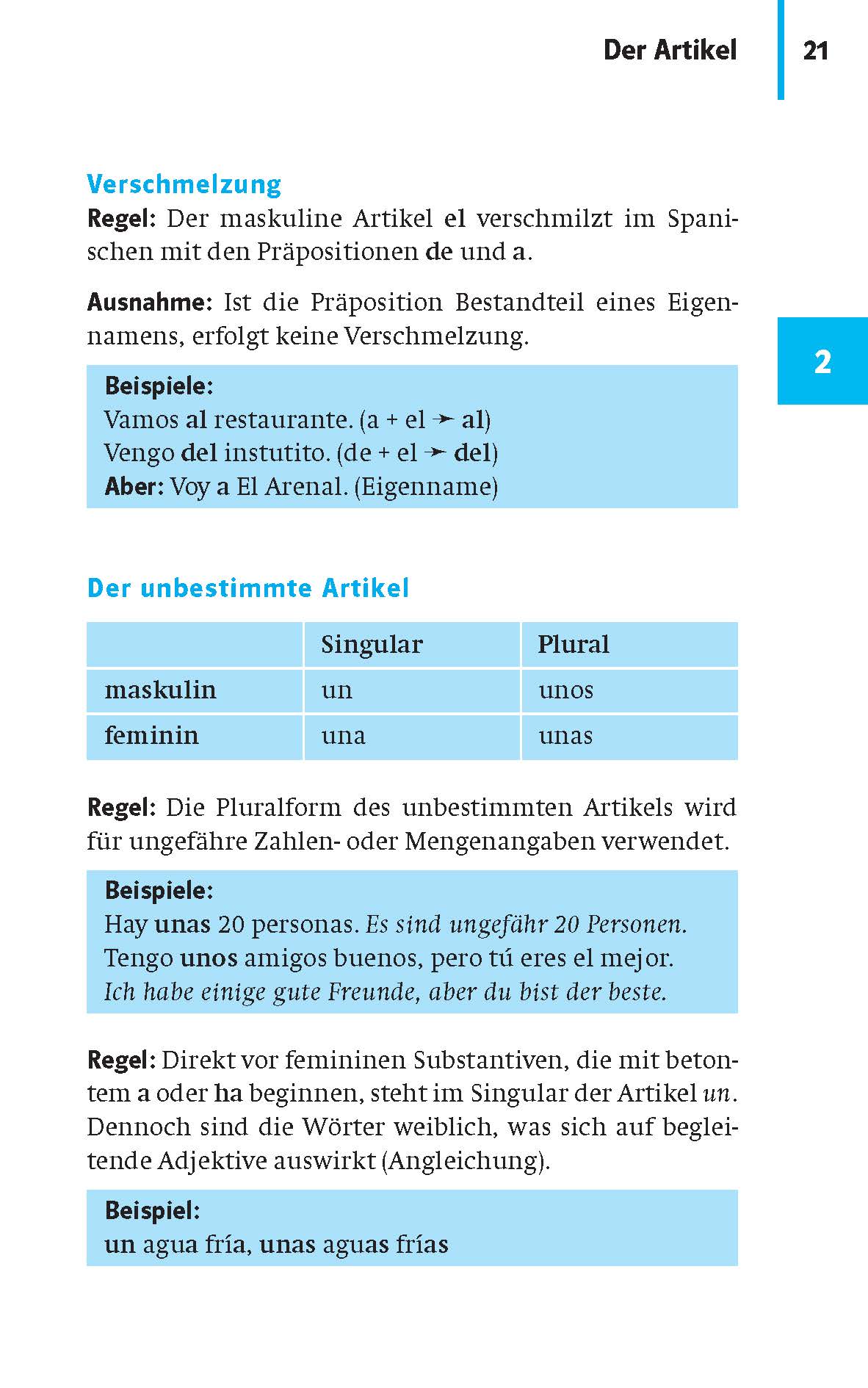 Klett kompakt Wissen Spanisch Klasse 5-10 Eine deutsche Lehrbuchseite erklärt spanische bestimmte und unbestimmte Artikel mit Regeln, Beispielen und einer blauen Tabelle mit Singular- und Pluralformen für männliche und weibliche Substantive.