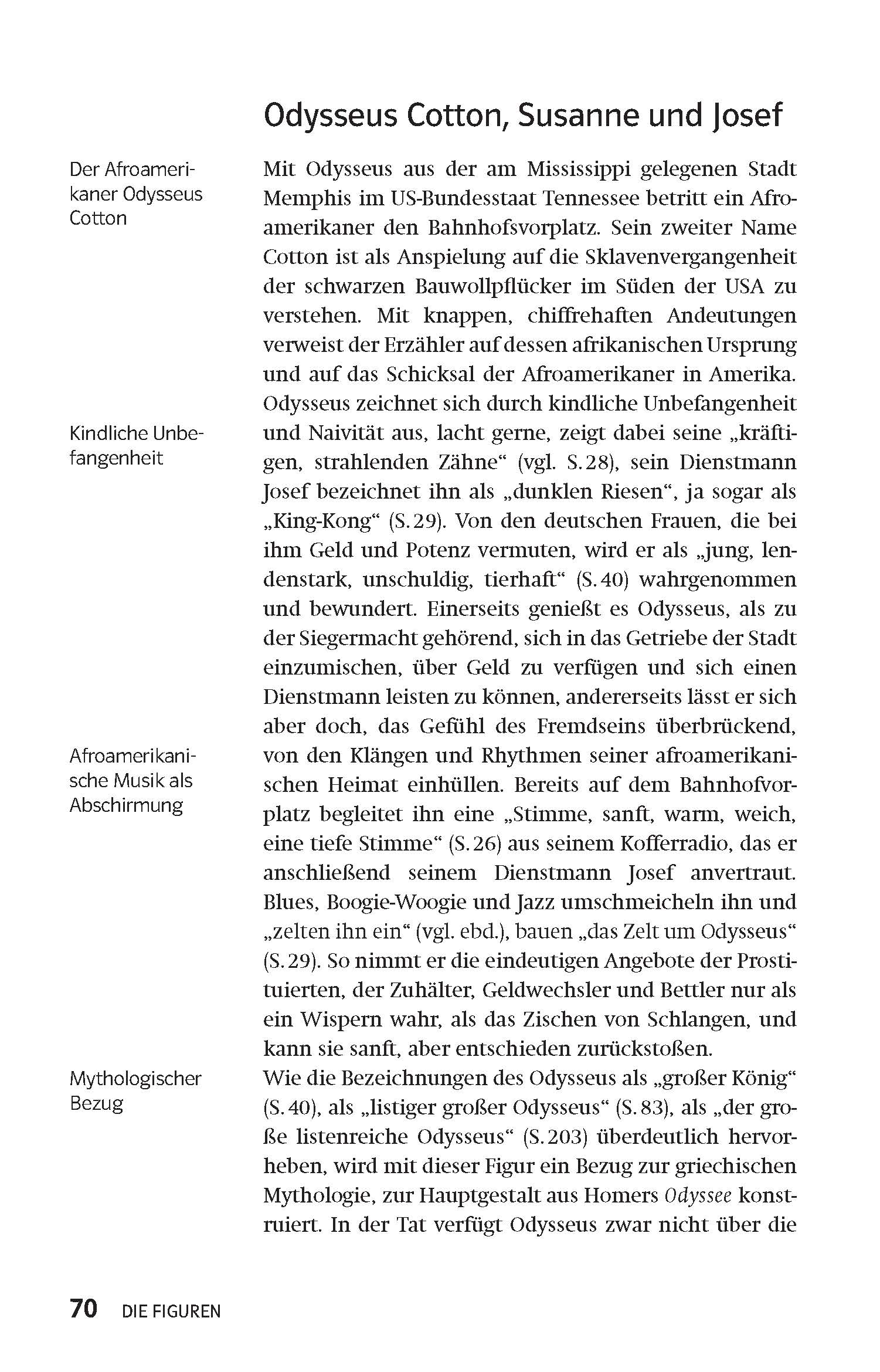 Eine Seite aus einem deutschen Buch enthält einen Text über den Afroamerikaner Odysseus Cotton, einschließlich Abschnitten über die Unschuld der Kindheit, afroamerikanische Musik und mythologische Bezüge. Seitenzahl 70.