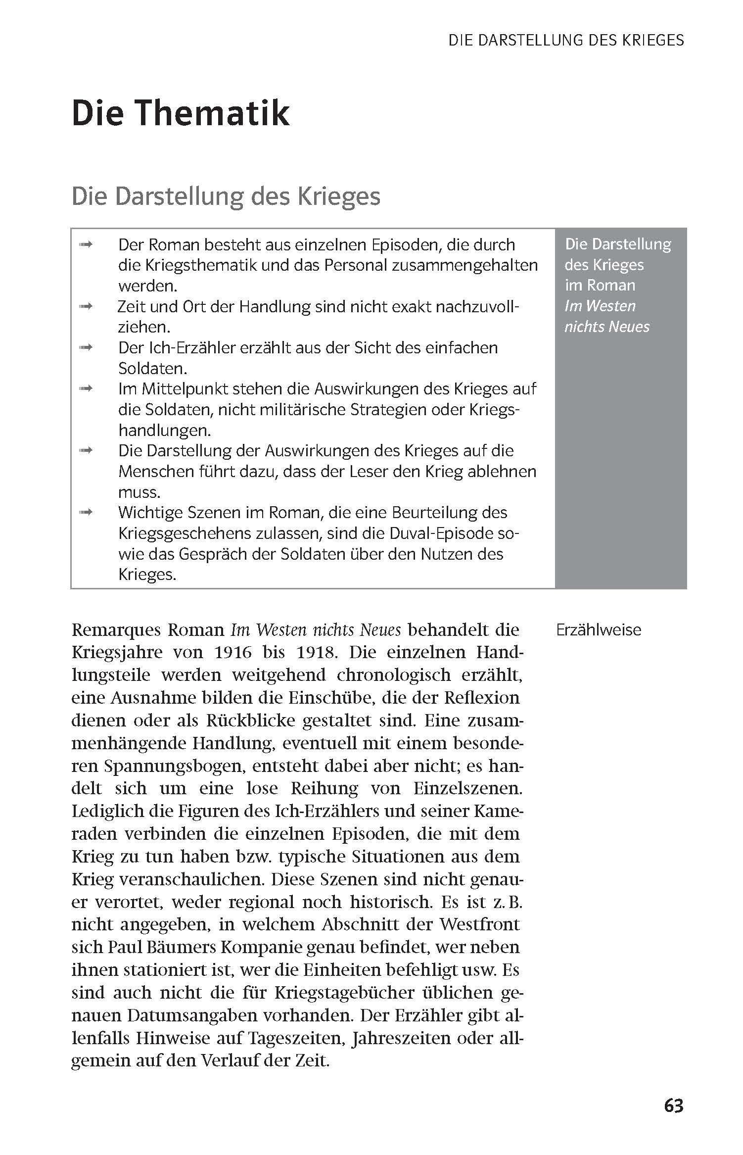 Eine deutsche Schulbuchseite behandelt die Darstellung des Krieges in der Literatur und konzentriert sich dabei auf den Roman Im Westen nichts Neues, mit Aufzählungspunkten und Text in einem grau-weißen Layout.