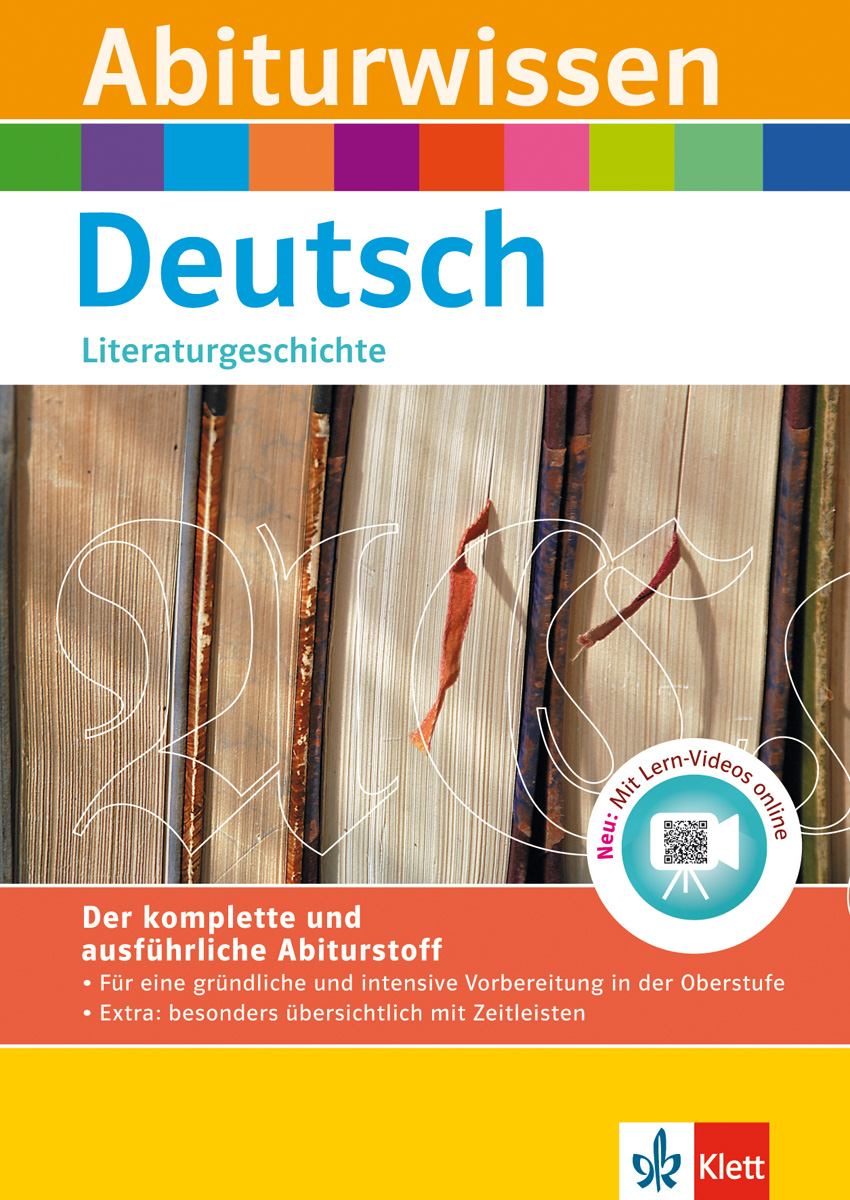 Umschlag eines deutschen Studienführers mit dem Titel Abiturwissen Deutsch Literaturgeschichte, mit Nahaufnahmen von Buchrücken und Informationen zur umfassenden Prüfungsvorbereitung.