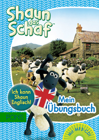 Umschlag eines deutschen Shaun the Sheep Übungsbuchs in englischer Sprache mit Shaun, der eine Union Jack Flagge hält, mit Schafen und einem Bauernhaus im Hintergrund. Der Text enthält Mein Übungsbuch.