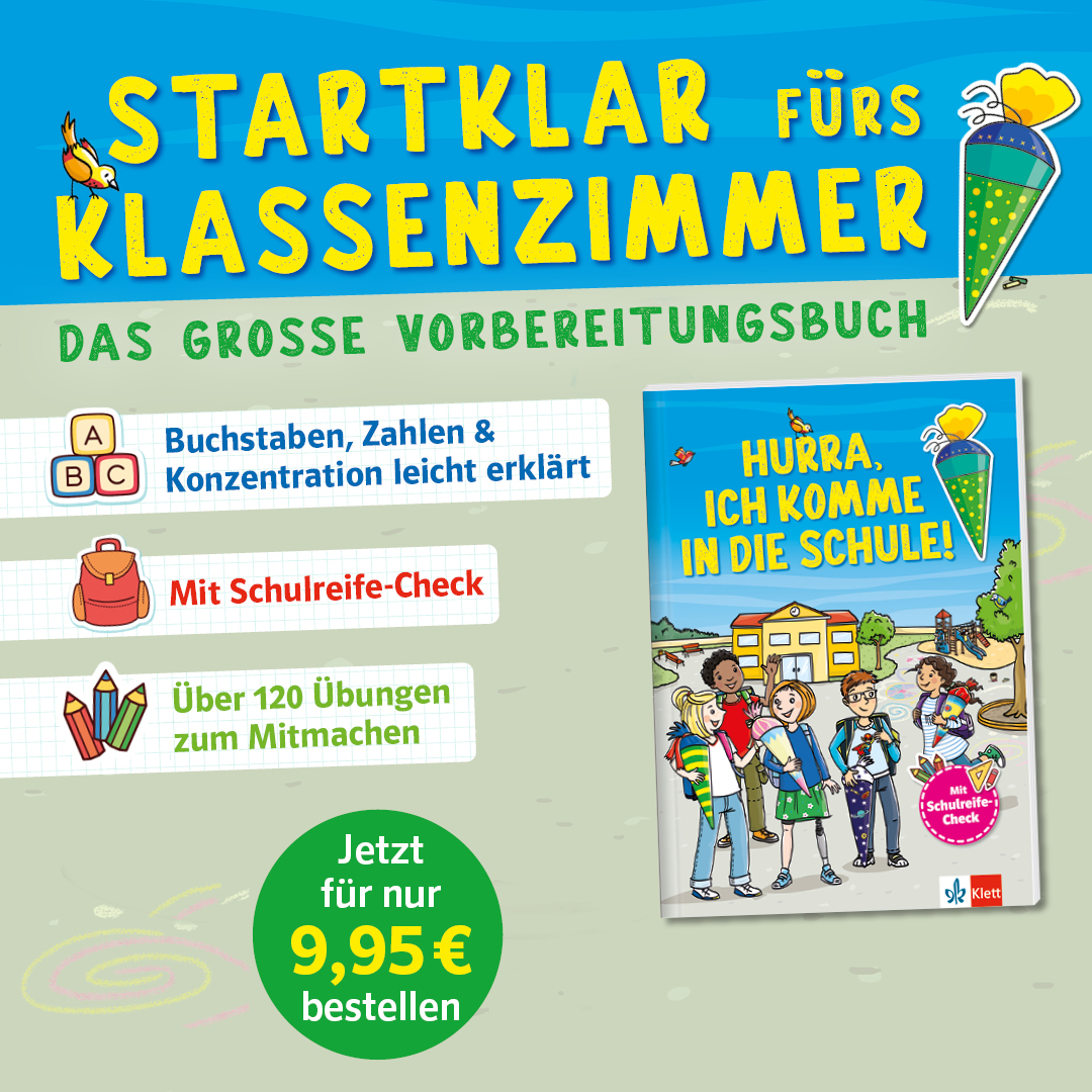 Bunte deutsche Werbung für ein Schulvorbereitungsbuch mit dem Titel Hurra, ich komme in die Schule! mit Kindern, Symbolen und Werbeangaben zu Übungen und Preis.