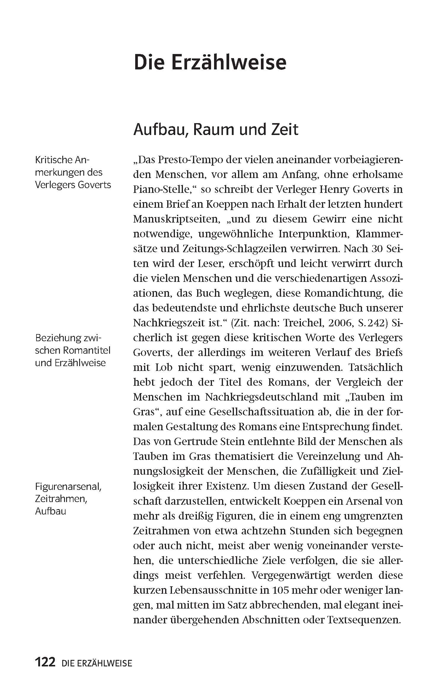 Eine Seite aus einem deutschen Buch, in dem der Erzählstil mit Schwerpunkt auf Struktur, Raum und Zeit erörtert wird, mit hervorgehobenen Anmerkungen zu Romantik, erzählerischen Beziehungen und formaler Struktur.