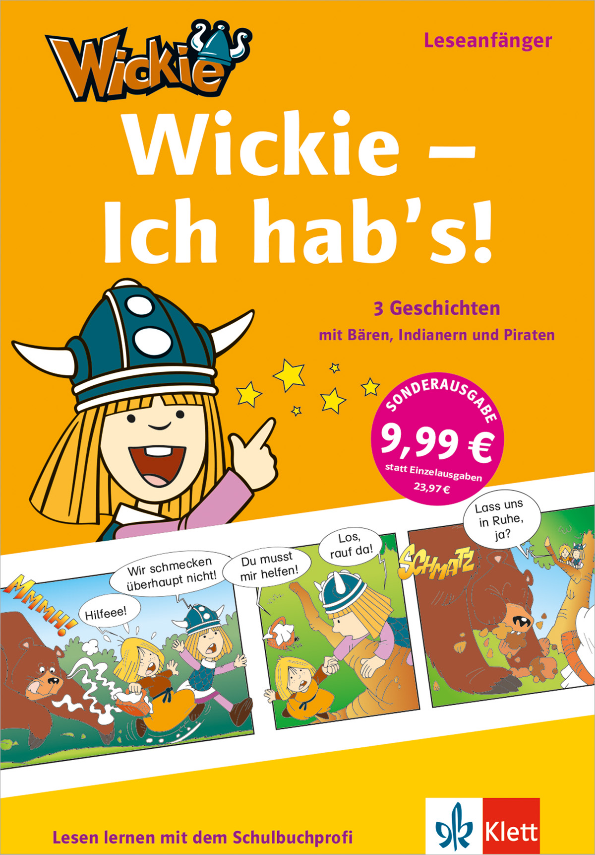 Cover eines Kinderbuchs mit dem Titel Wickie - Ich hab's! mit einem Cartoon-Wikinger mit Hörnerhelm, Sprechblasen und einem Preisaufkleber für 9,99 €.